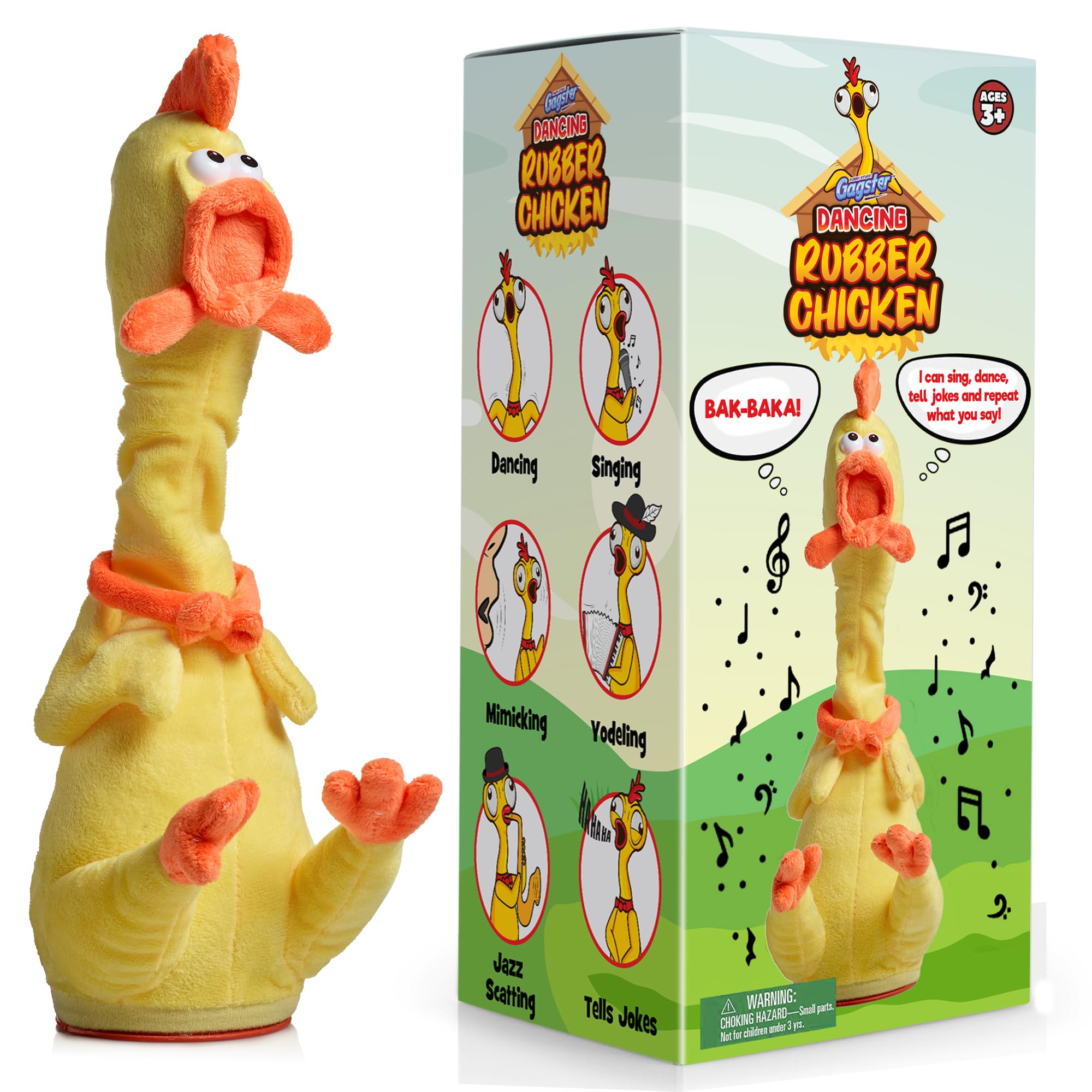 Gagster Rubber Chicken Dancing Toy - Mimicking Toy for Kids - That Repeats What You Say & Tells Jokes, Singing & Talking, Electronic Yodeling for Anyone Who Loves Talking and Funny Gag Gifts