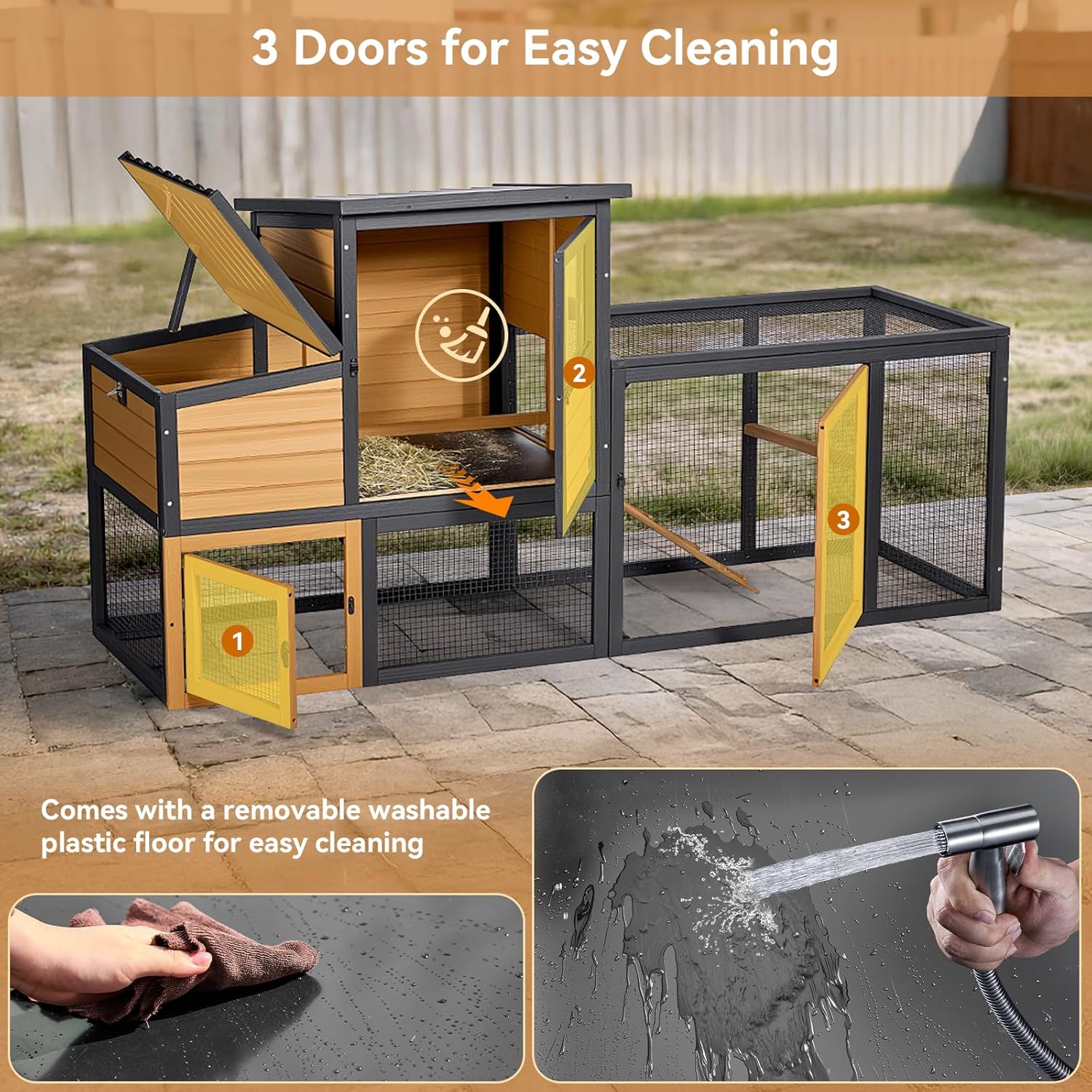 PETSFIT Wooden Chicken Coop for 2-4 Chickens, Backyard Coop with Run, 2 Nesting Boxes and 2 Roost Bars,PVC Windows, Easy-Clean 3-Door Access,Weather-Resistant PVC Roof, 6 Ground Stakes