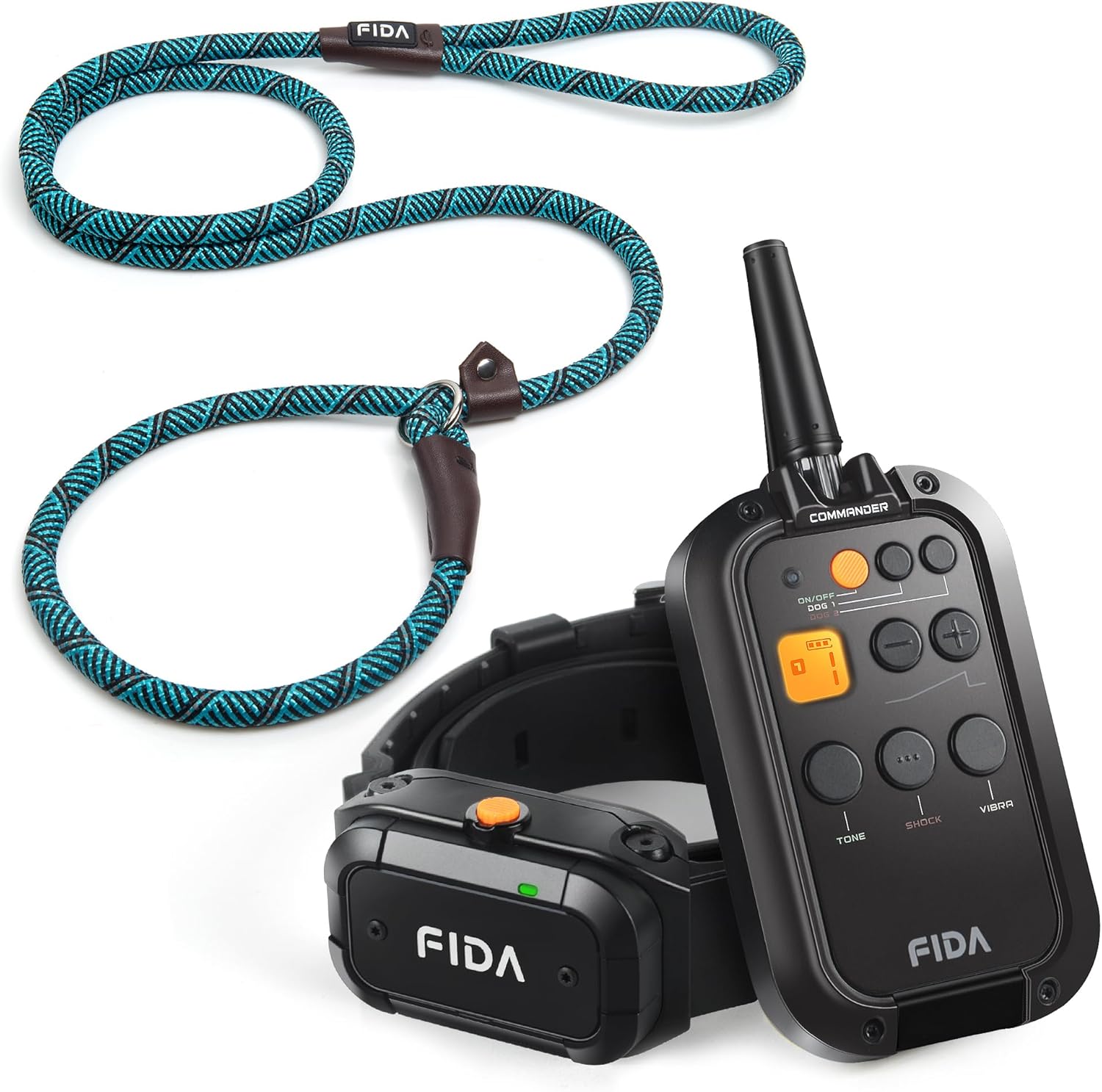 Fida Durable Slip Lead Dog Leash and Dog Shock Collar with Remote 3/4 Mile Range E Collar for Dogs Training Set, IPX7 Waterproof Rechargeable Dog Training Collar for Medium Large Dogs with 3 Modes
