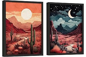 EXCOOL CLUB Desert Wall Art: Sun, Moon, Desert, Cactus Landscape Desert Prints