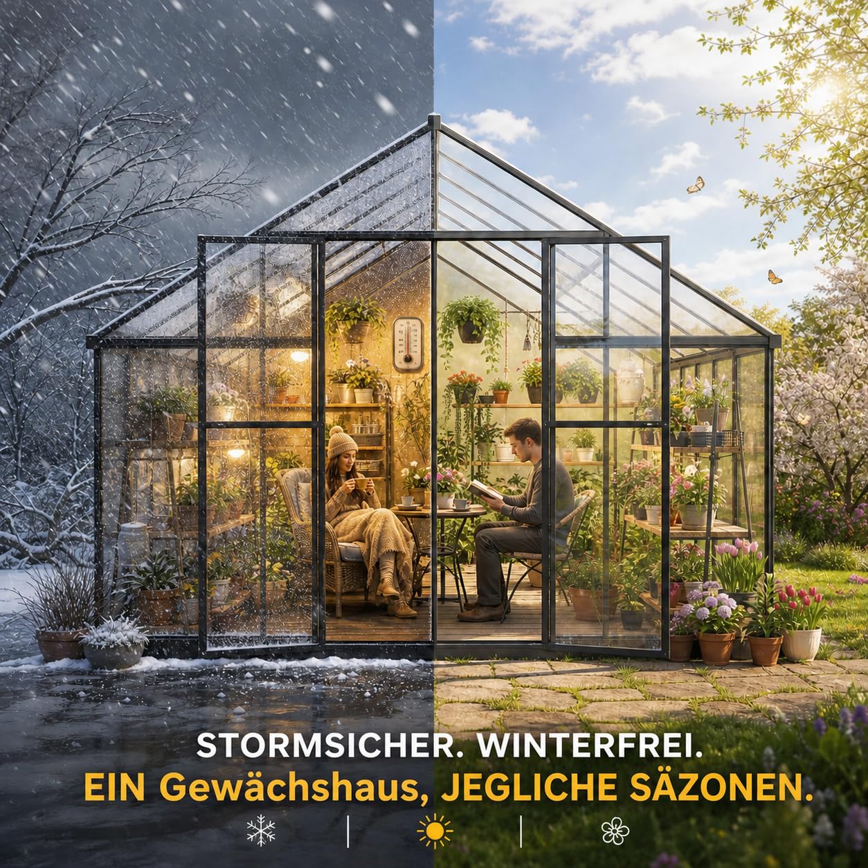 2026 Polycarbonat Gewächshaus Schwarz 281x175x195, Aluminiumrahmen Garten & Terrasse Pflanzenhaus mit Lüftungsfenster, Regenrinnen, Stabil Alle Wetter, Winterfest Außengewächshaus, Tomatengewächshaus