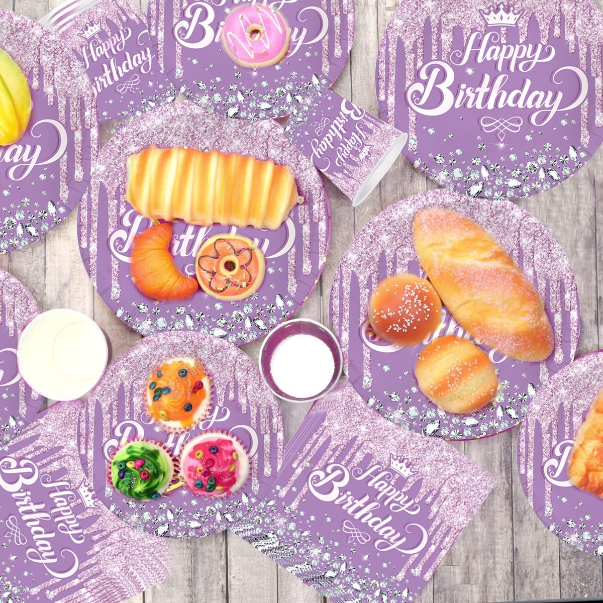 Diamentowe naczynia urodzinowe dla dzieci, zestaw naczyń imprezowych Happy Birthday, zastawa na imprezę urodzinową dla dzieci, 92 sztuki naczyń imprezowych na urodziny dziecka, dekoracja, 10