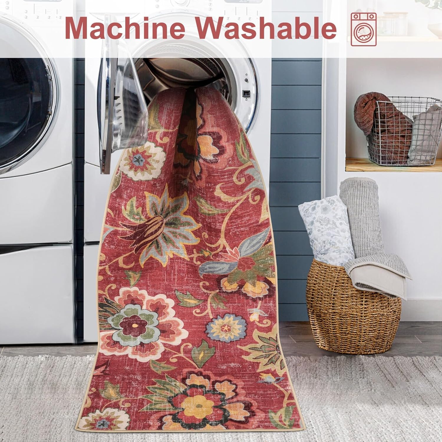 Beeiva Floral Washable Runners for Hallways Non Slip, 2x8 Red Long Hallway Runner Rugs with Rubber Backing, Ultra Thin Christmas Vintage Kitchen Rugs Non Skid for Entryway Bathoom (Red,2'x8')
