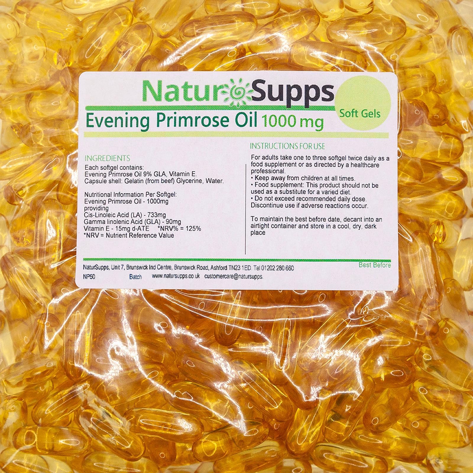 Evening Primrose Oil 1000mg, Cold Pressed, Omega 6, 90mg GLA, 733mg LA, Vitamin E, 365 Evening Primrose Oil Softgel Capsules, UK Made