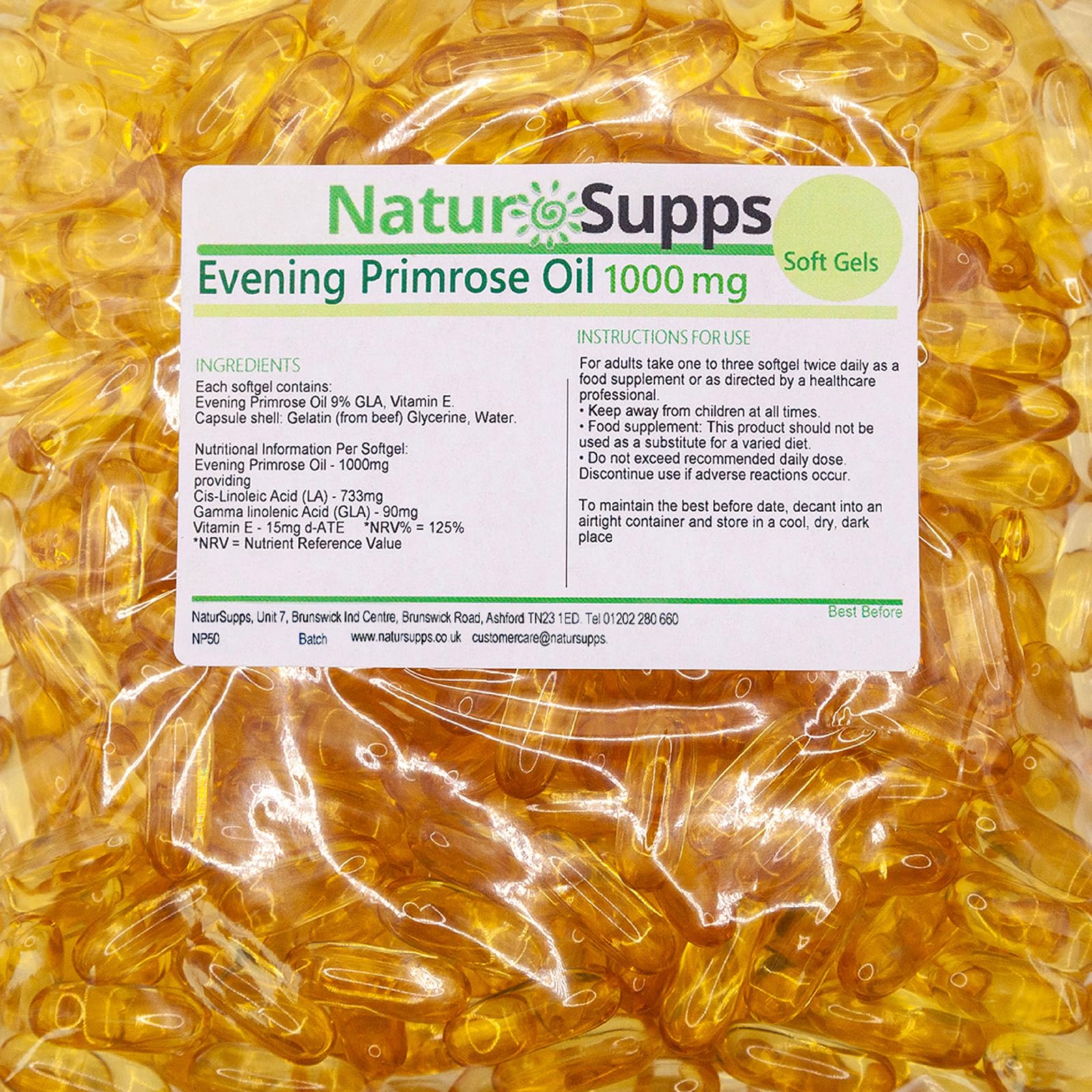 Natur Supps Evening Primrose Oil 1000mg, Cold Pressed, Omega 6, 90mg GLA, 733mg LA, Vitamin E, 365 Evening Primrose Oil Softgel Capsules, UK Made