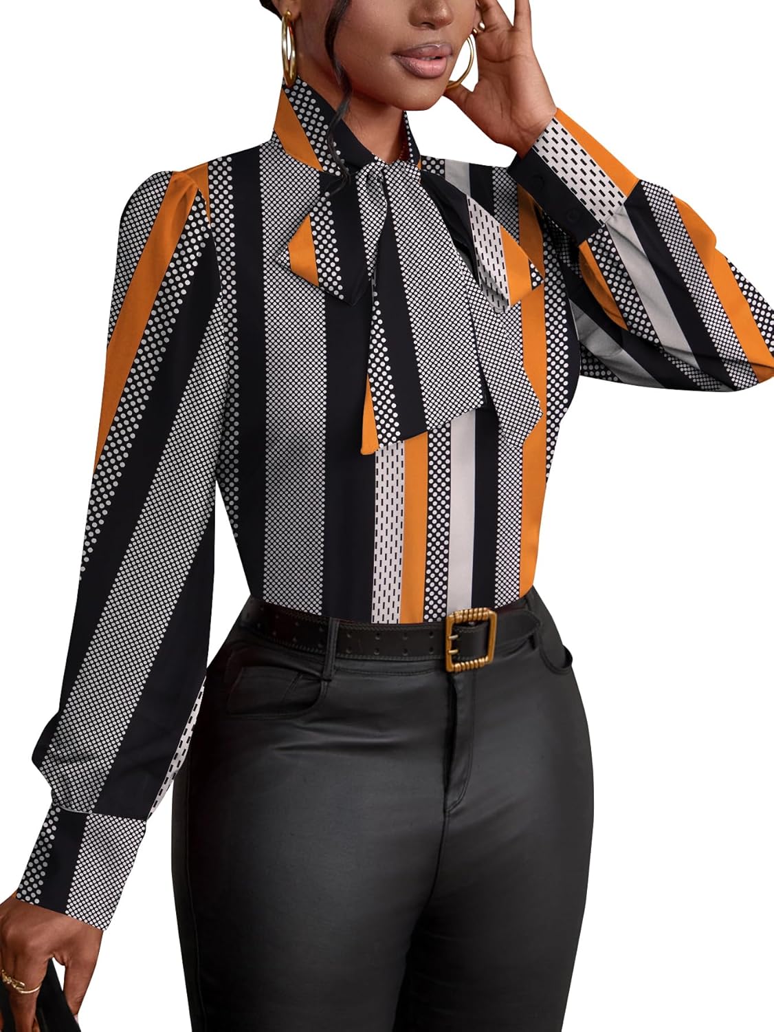 Vrtige Women's Elegant Bow Tie Neck Long Sleeve Blouse Office Shirt Top - Image 3