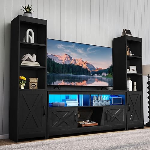 YITAHOME Farmhouse TV Stand for 65inch TV, Entertainment Center with Storage, Adjustable LED Lights & Power Hub, TV Cabinet with Bookshelves for Living Room/Apartment, Black