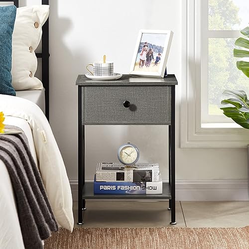 Miniatura 4 de VECELO Mesita de noche moderna mesas auxiliares de noche con cajón para sala de estar, dormitorio, juego de 2, marco de metal industrial, Hpry