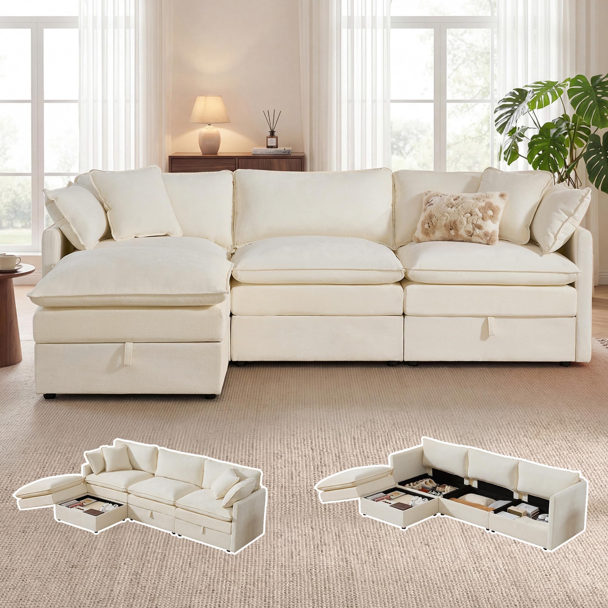 Modular Sofa with Storage, 103" L Shape Sectional Cloud Couch, Comfy Fabric Couch with Movable Ottoman, 4 Seat Modern Deep Seat Sofa for Living Room (Beige Chenille)