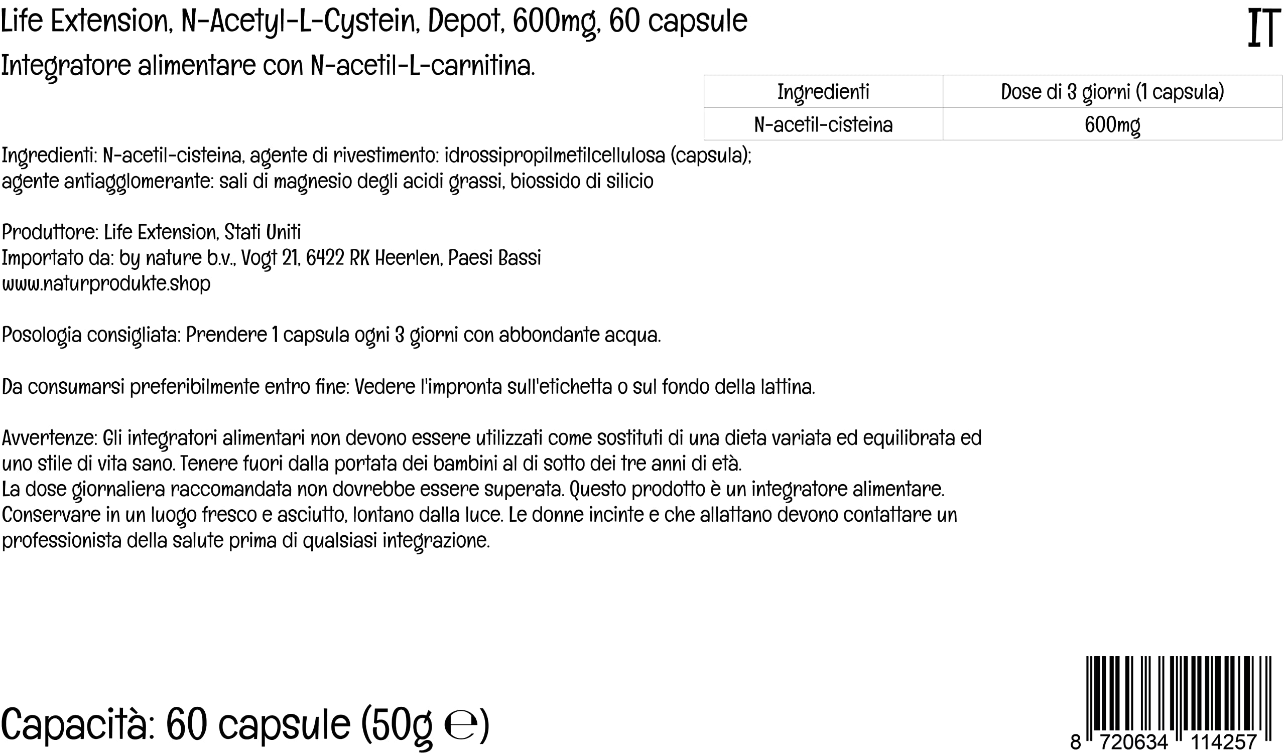 Life Extension, N-Acetyl-Cysteine (NAC), 60 vegane Kapseln, 600mg Acetyl-L-Carnitin je Dosis, Glutenfrei, Sojafrei, GMO frei, Geschmacksneutral (Packung mit 2)