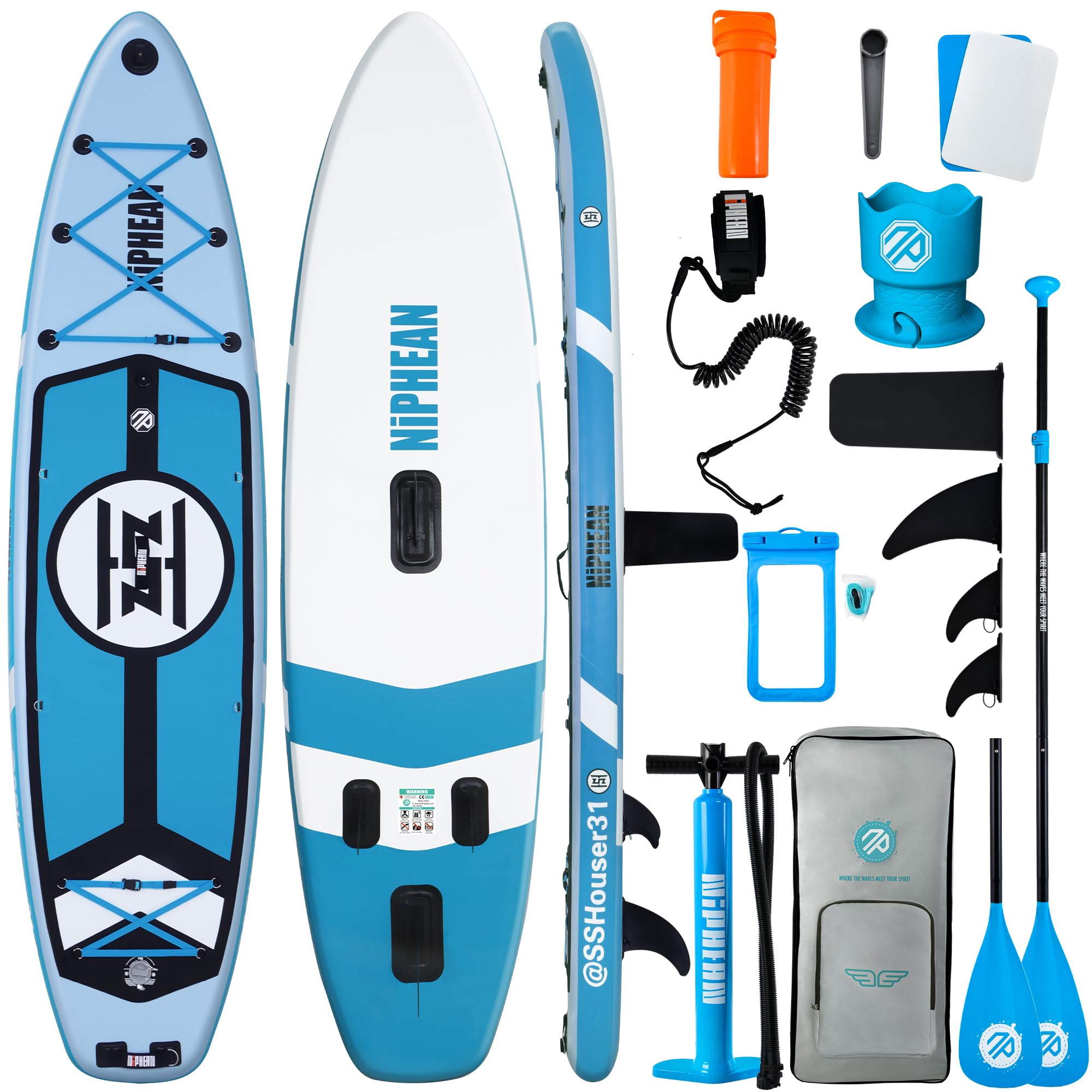 Niphean (엑스트라 라지) 공기 주입식 패들 보드, 2+1인/가족용 SUP, 226.8kg(500파운드) 용량 스탠드업 패들 보드, SUP 액세서리 포함, StabilTrac 핀 미끄럼 방지 패들보드 성인용