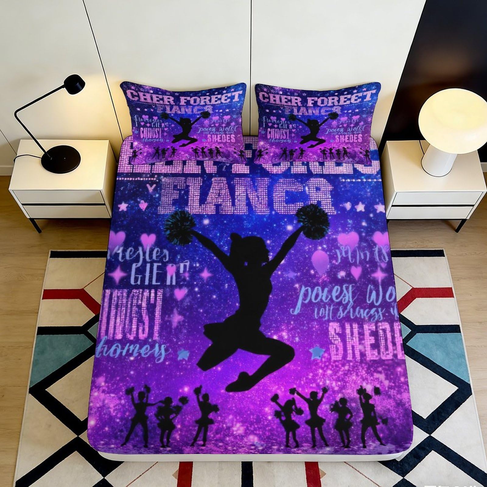 3D Printed Cheerleader Silhouette Fitted Sheet Microfiber Purple Starry Sky Bed Cover Non-Slip Washable for Bedroom Dorm 200x200x25cm