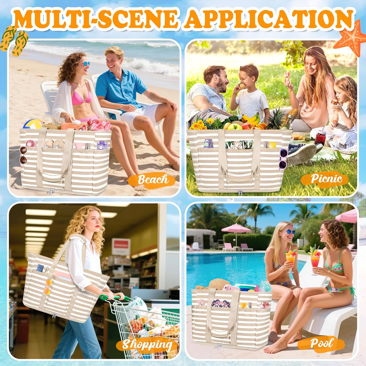 Large Beach Bag with Zipper, 12 Pockets Waterproof Sandproof Pool Bag Womens Mesh Beach Tote Bag for Travel Vacation