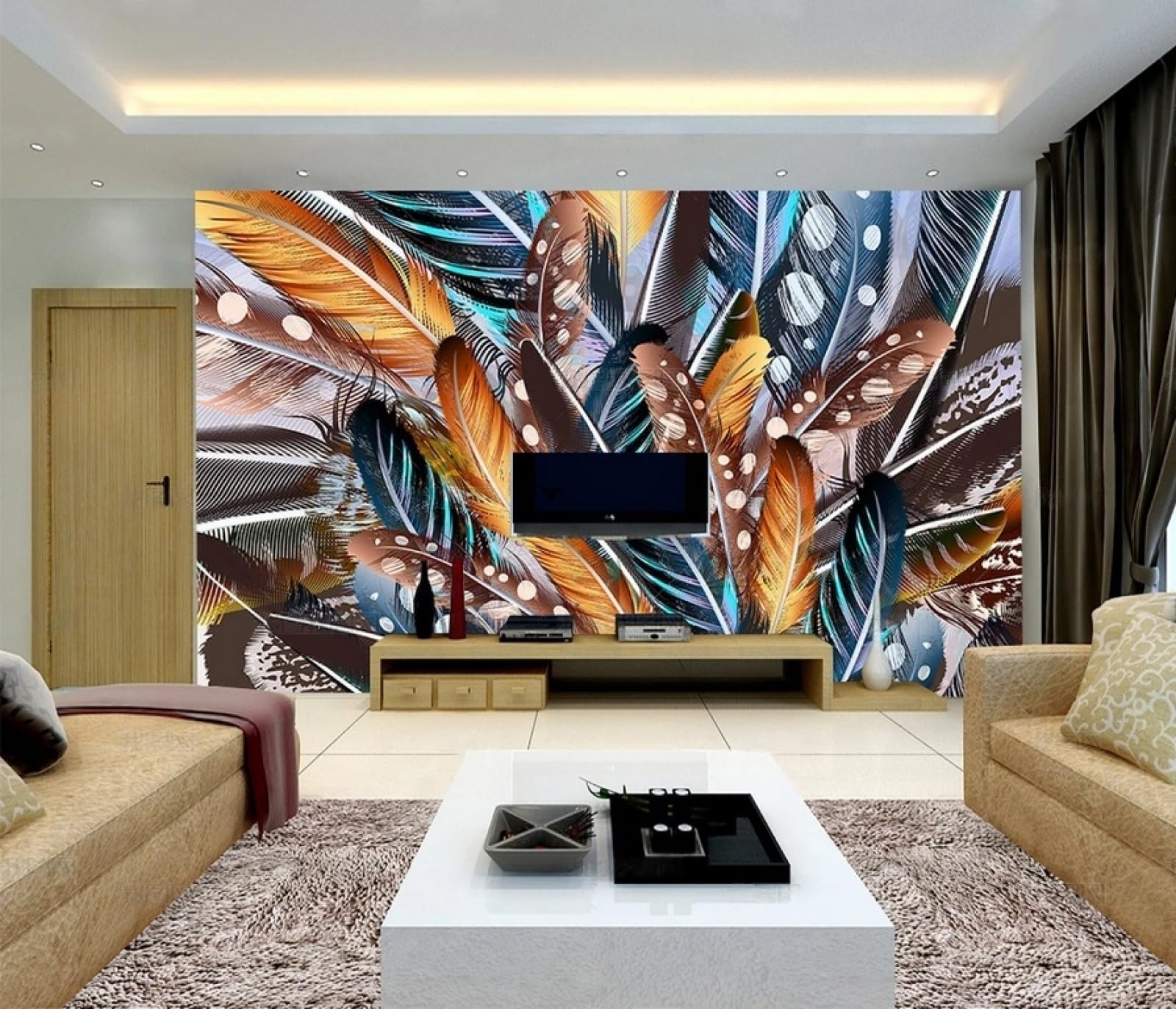 Carta da Parati Panoramica Intissato Colorato,Piume,Arte Wallpaper per Camera da Letto, Soggiorno 300x210cm