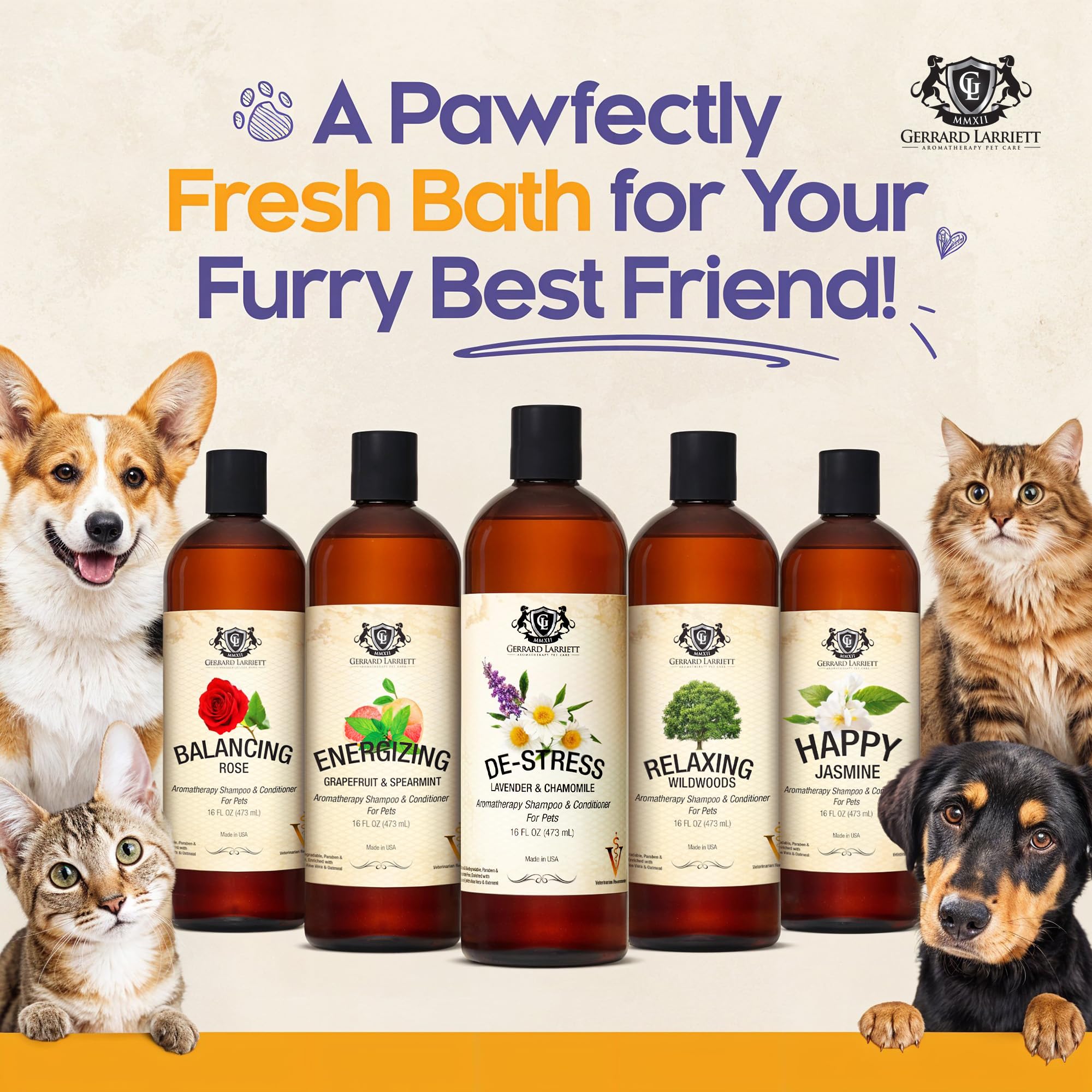 Gerrard Larriett De-estrés Lavanda y Manzanilla Aromaterapia Shampoo y Acondicionador para los Animales domésticos, medicado, blanqueando, Avena Champú Dog & Pet Odor Eliminator