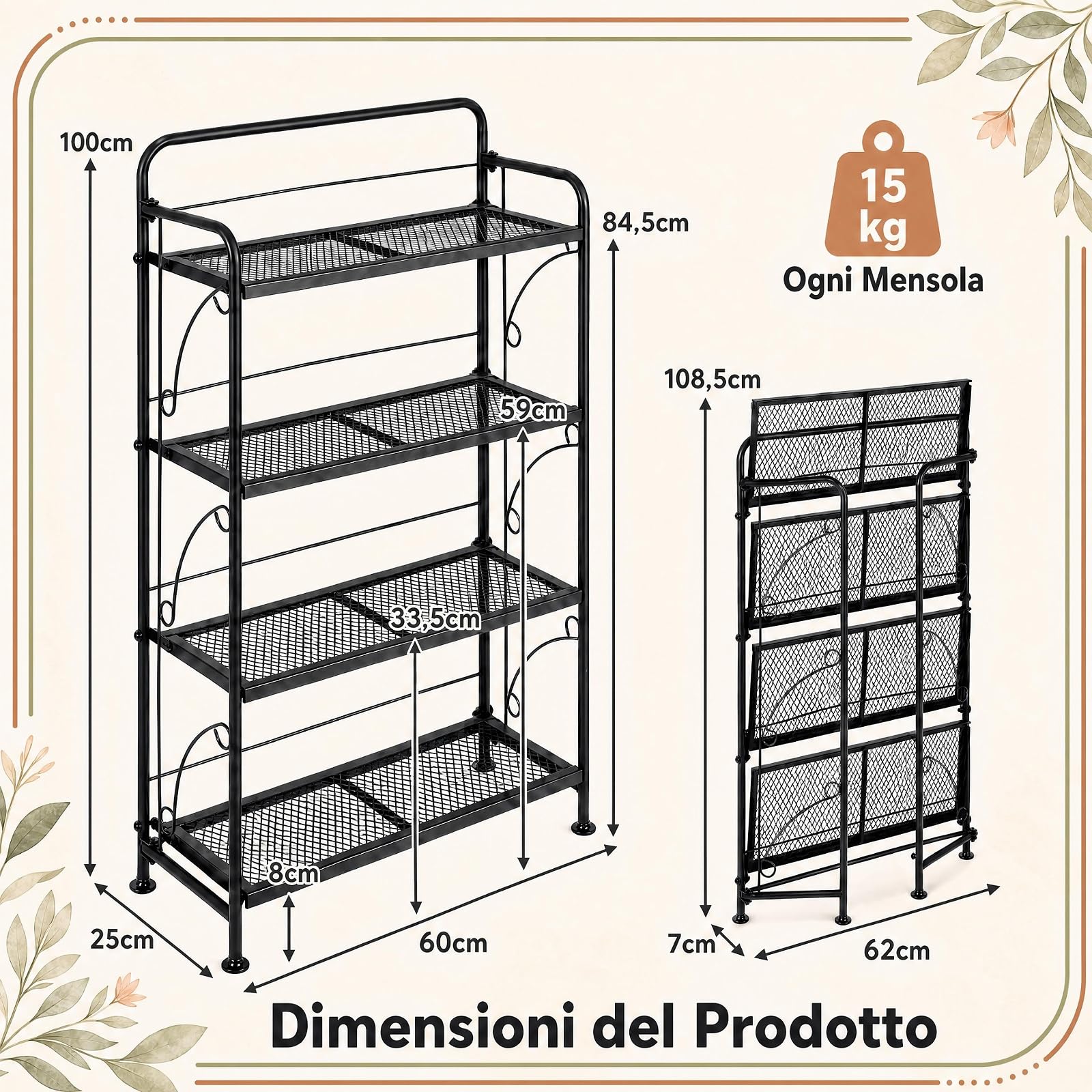 GYMAX Scaffale Portafiori Pieghevole a 4 Ripiani a Rete, 60x25x100 cm