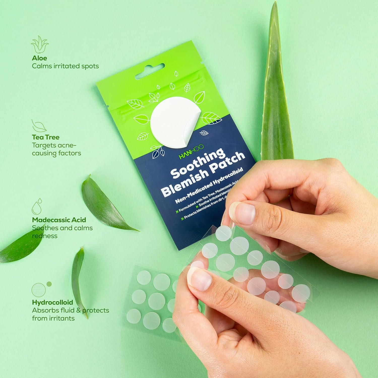 HANHOO Soothing Blemish Patch with Aloe, Madecassic Acid, and Tea Tree Extract | Hydrocolloid Spot Treatment | Calms Pre-stage, Irritated, and Popped Blemishes 216 count