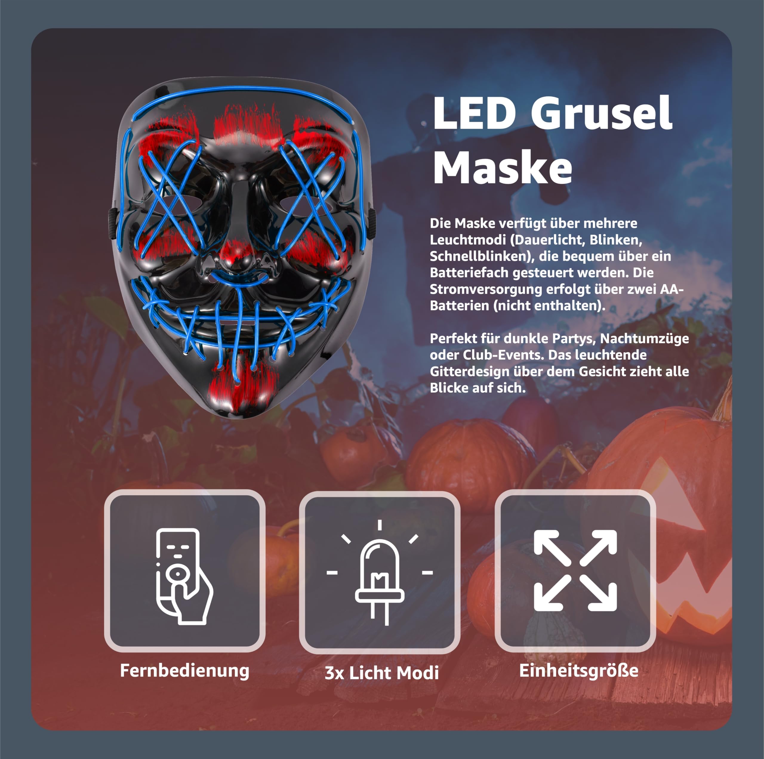 TK Gruppe Timo Klingler LED Purge Horror Mask with 3 Light Effects Controllable Halloween Costume for Men Women - Image 2