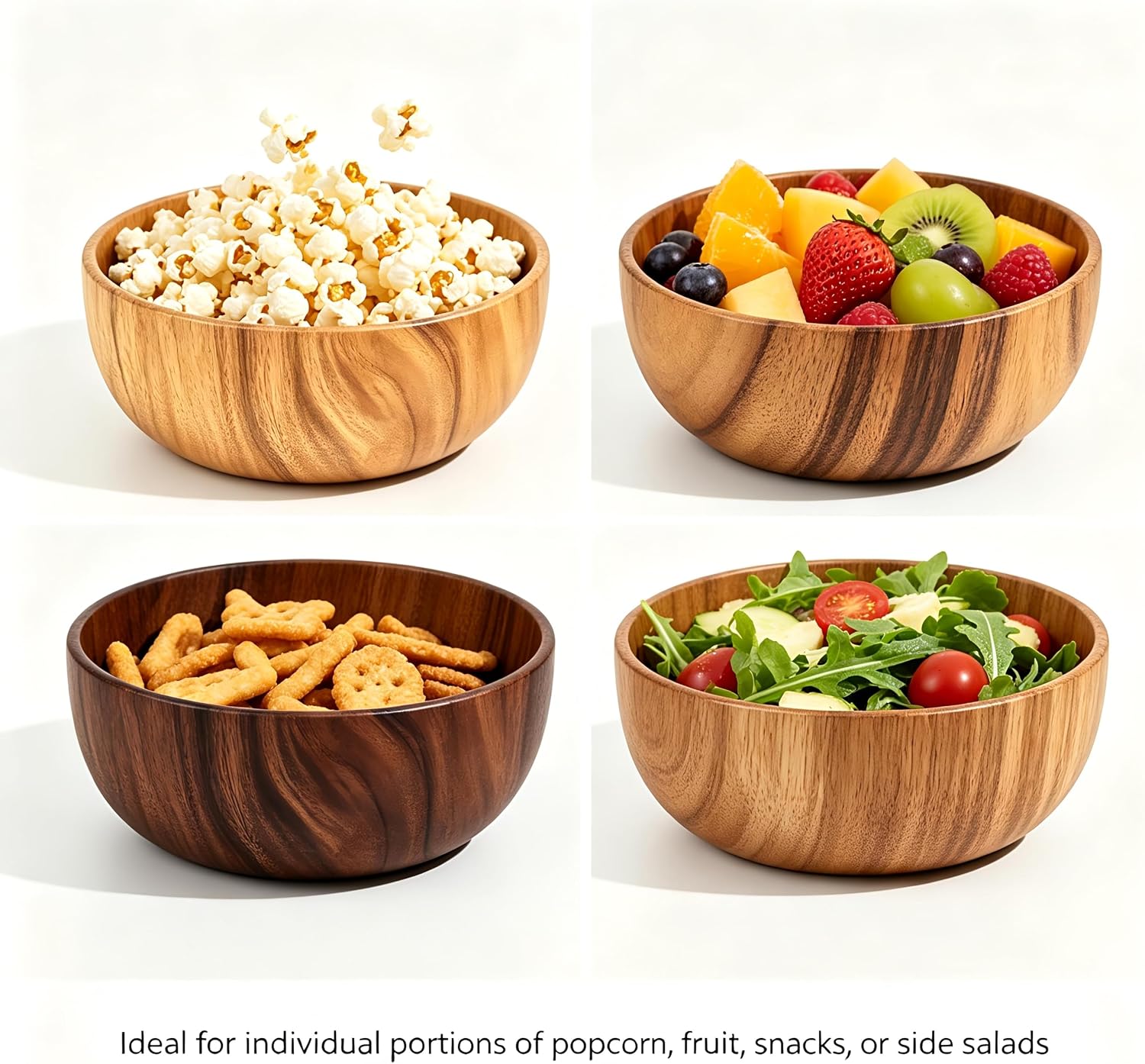 Acacia Wood Serving Bowls, Nesting Wooden Bowls, Natural Handcrafted Bowls for Salad, Fruit, Snack, Cereal, Popcorn, Food-Safe & Durable for Kitchen, Dining & Parties