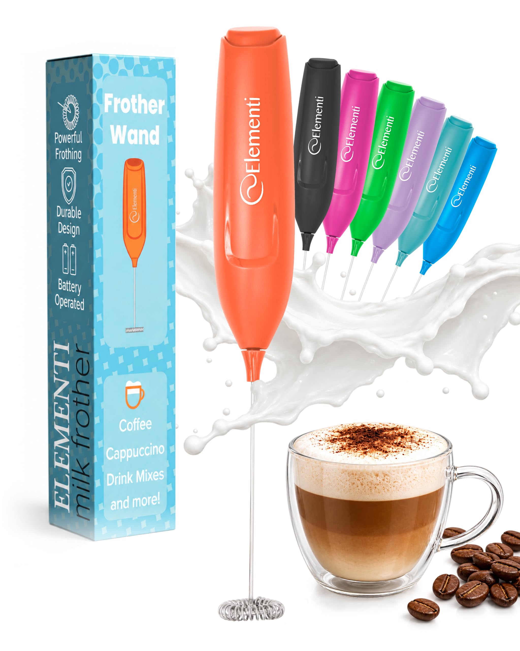 Elementi Powerful Frother Wand – Lightweight Milk Frother &amp; Drink Mixer Handheld, Matcha Whisk for Dreamy Lattes, Powerful Coffee Mixer Wand &amp; Stirrer - Make Creamy Cappuccinos at Home (Orange)