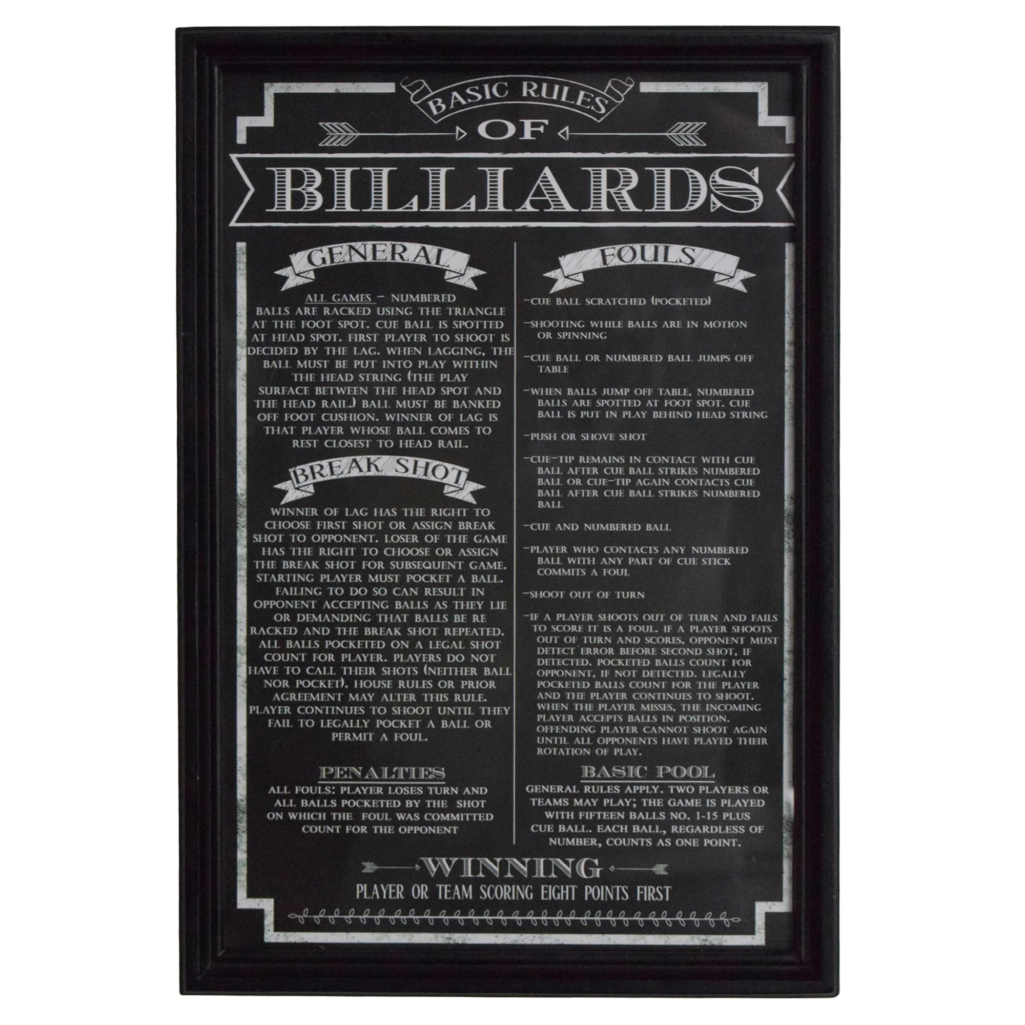 Hathaway Billiard Game Rules Wall Art – Framed Chalkboard-Style with Official Pool Table Rules, Matte Black Wood Frame, Acrylic Front & Preinstalled Hanger – 12.2x18.3 in – Pool Table Accessories