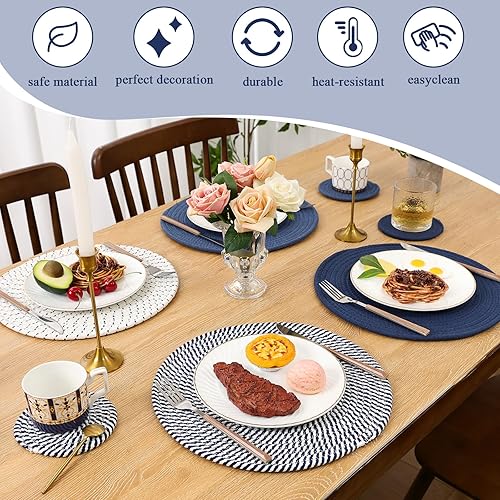 Miniatura 5 de SHACOS Juego de 6 manteles individuales redondos tejidos de cuerda de algodón con posavasos, manteles individuales para mesa de cocina de 13