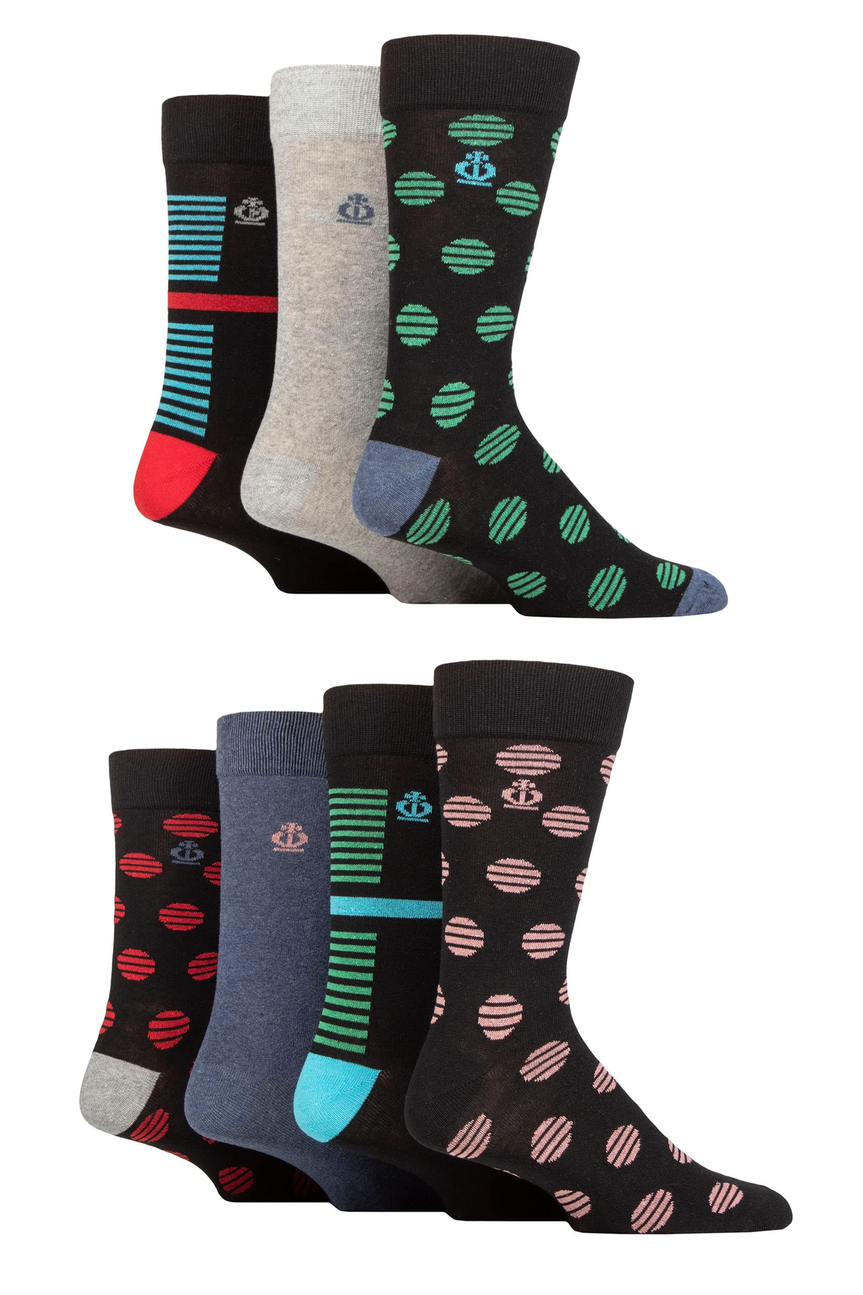 Jeff Banks Men's Striped Spots Black Recycled Cotton Patterned Socks Pack Of 7 7-11
