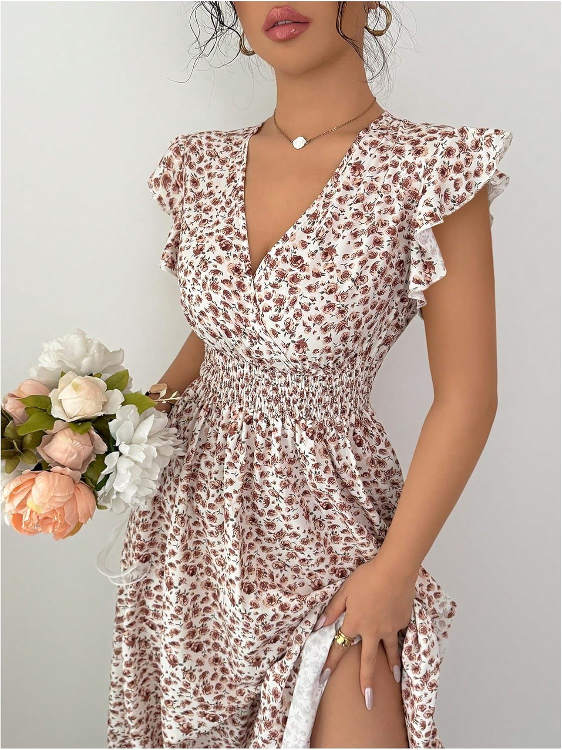 Milumia Women's Ditsy Floral Print Wrap Dress V Neck Ruffle Cap Sleeve Flowy Long Maxi Dresses - Image 4