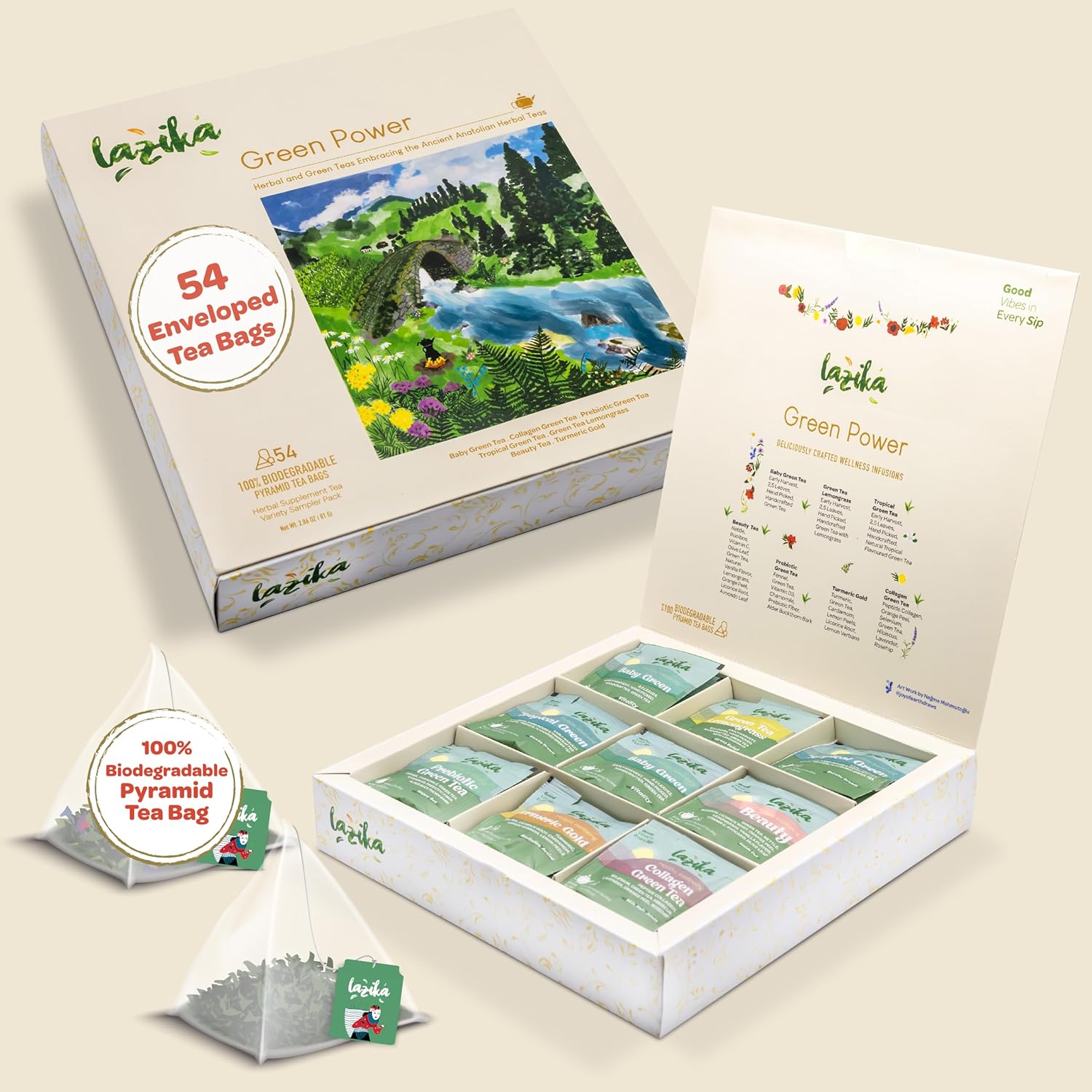 Lazika Green Tea Variety Pack with Lovely Presentation Box, 54 Counts, Green Tea Assortment Gift Set, Premium Collection with Pyramid Infuser Bag, Early Harvest, Handcrafted