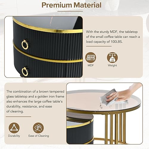 Miniatura 7 de LUMISOL Mesa auxiliar anidable con 2 cajones, mesa auxiliar apilable con vidrio templado marrón y mesa de mármol de alto brillo, juego de 2, mesa