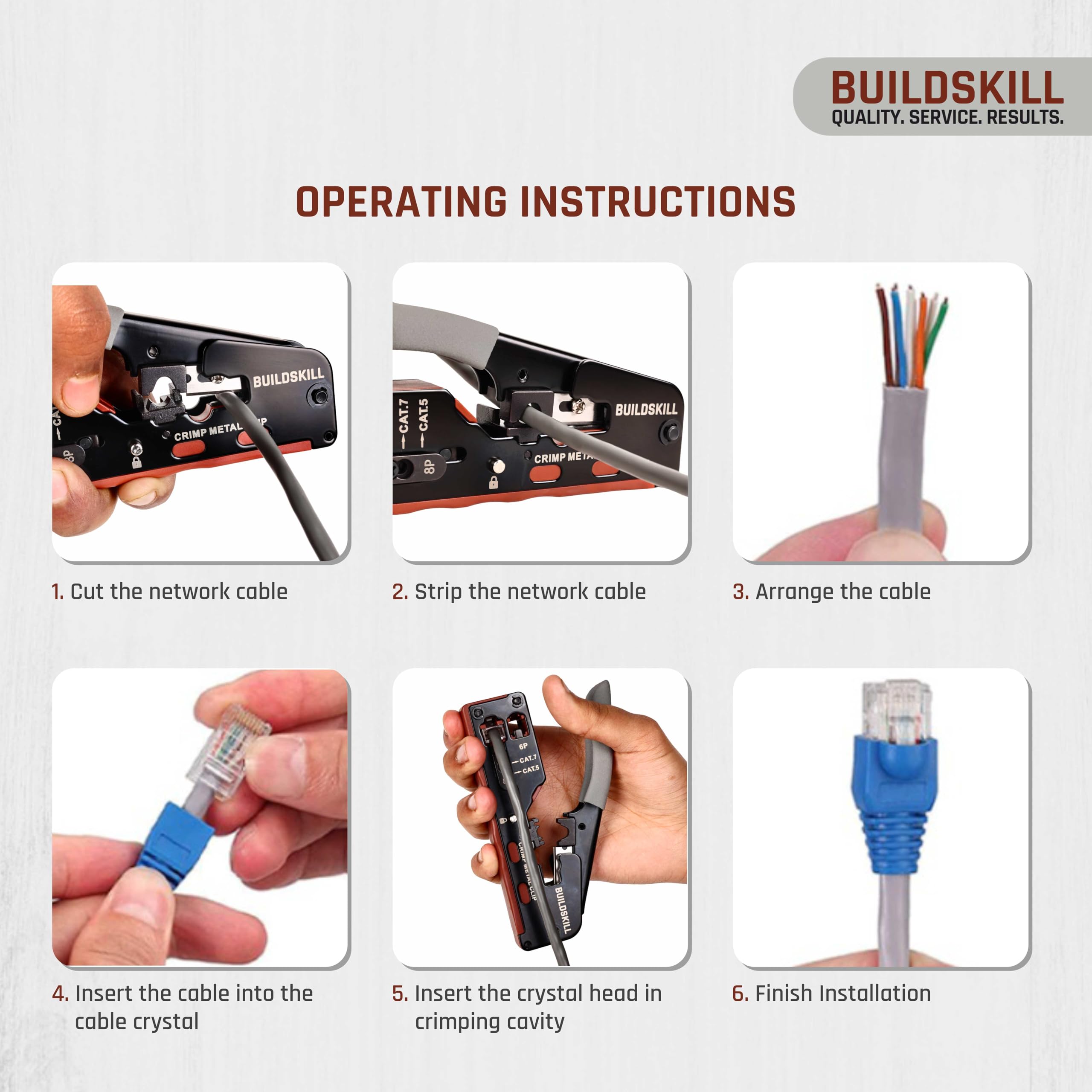 BUILDSKILL 3-in-1 network crimping tool, wire stripper and cutter | safety lock button | soft grip handle | 2mm heavy-duty metal body | ideal ethernet & telephone cables,RJ12, RJ11, RJ45 crimping tool - Image 6 thumbnail