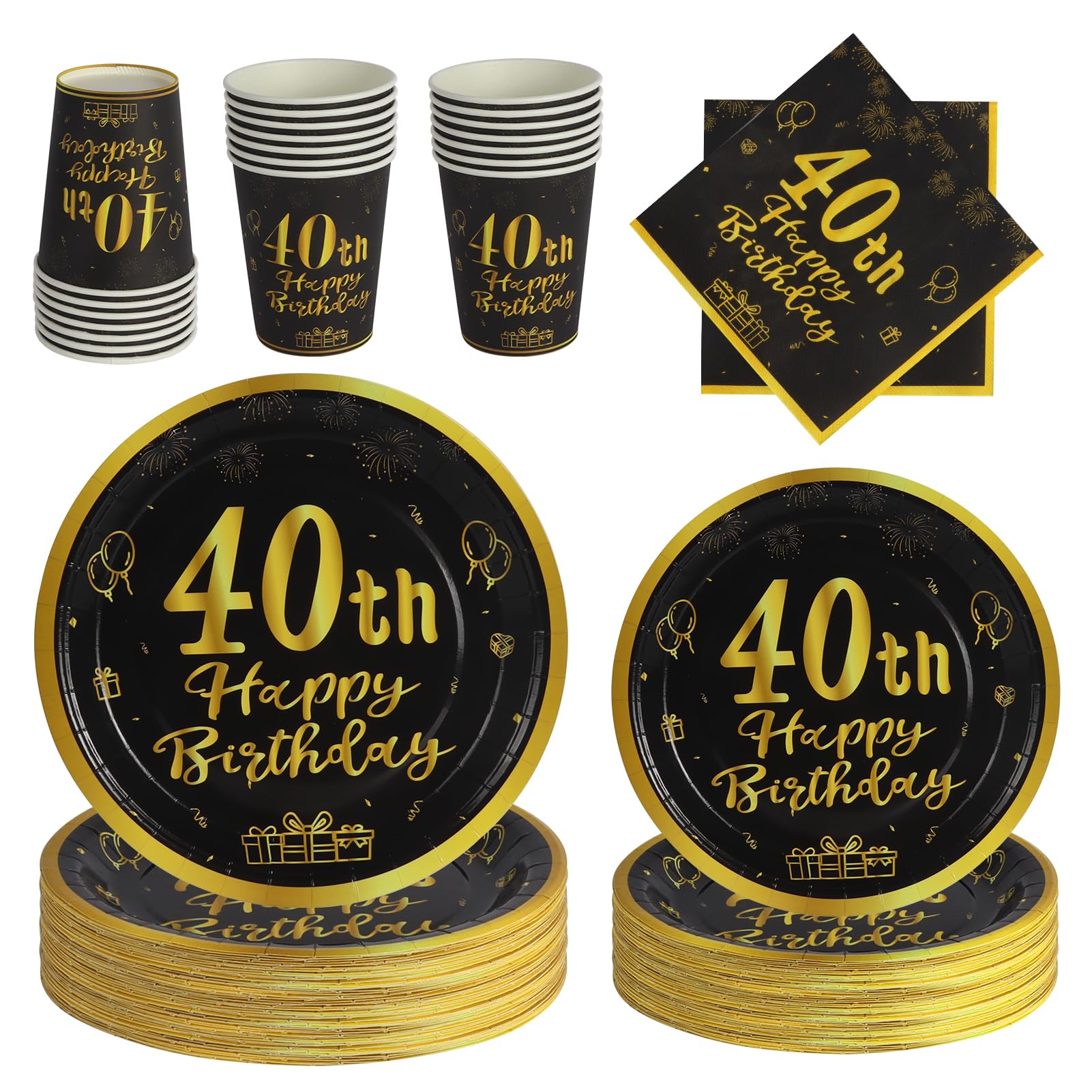 96 Pezzi Set Stoviglie Compleanno 40 Anni, Servizio 24 Persone, Piatti, Bicchieri, Tovaglioli e Biglietti di Auguri