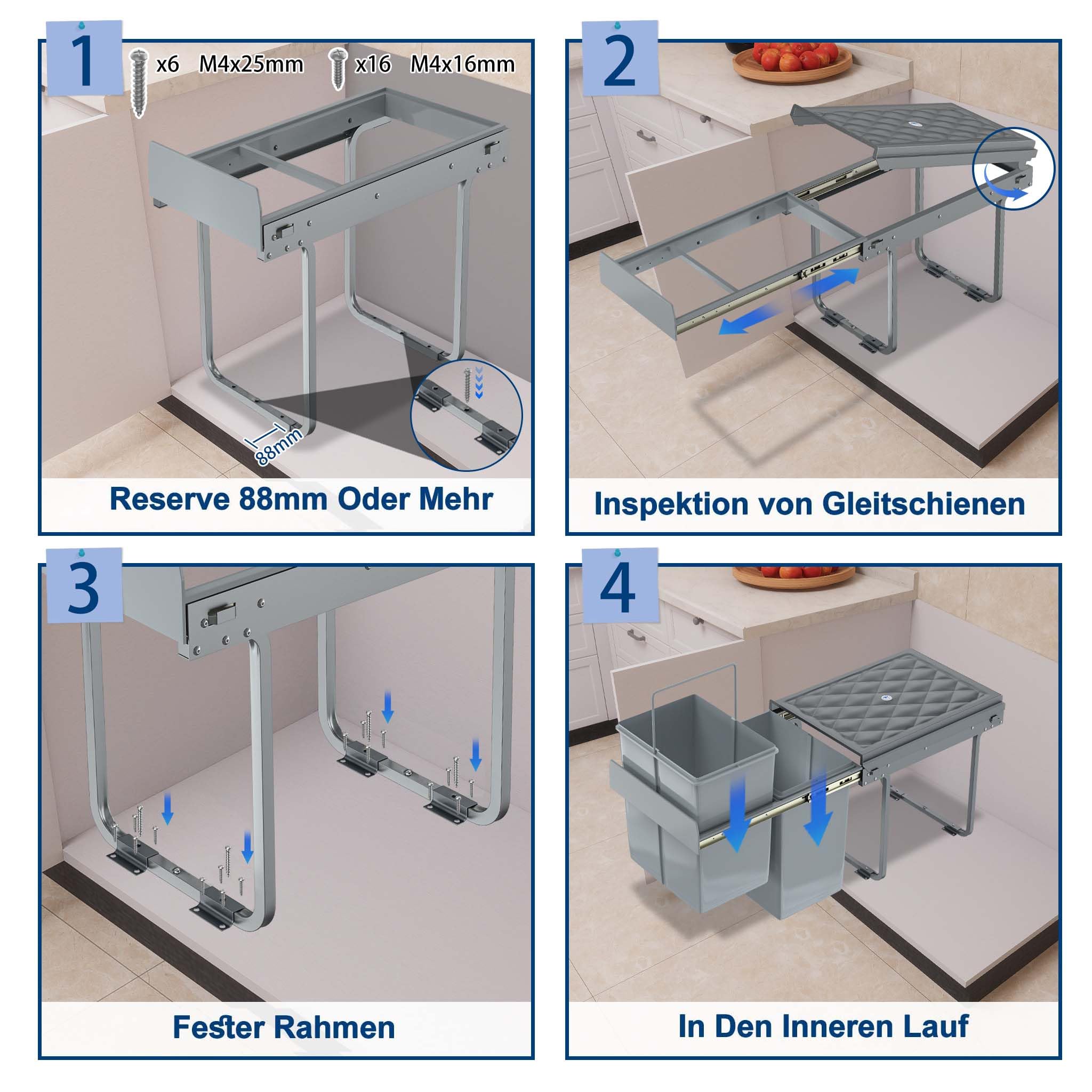 AufuN Einbaumülleimer Abfallsammler Mülleimer Küche Unterschrank Auszug | Mülltrennungssystem mit Deckel Fächer Ausziehbar, Vollauszug mit Teleskopschienen Einbau-Mülleimer, Grau (2x15L)