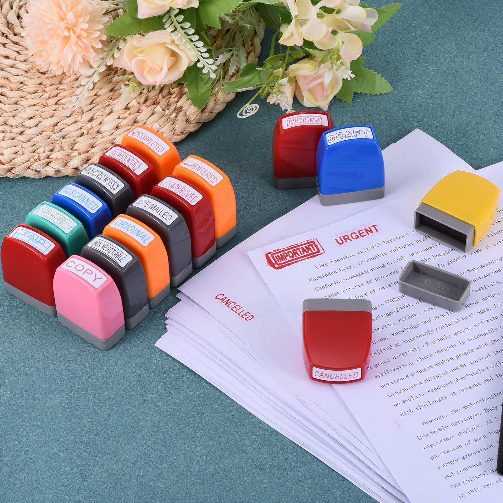 PATIKIL Bürostempel Set Selbstfärbend, 16er Pack Nachfüllbarer Geschäftsstempel aus Gummi für Büro und Zuhause, Mehrfarbig