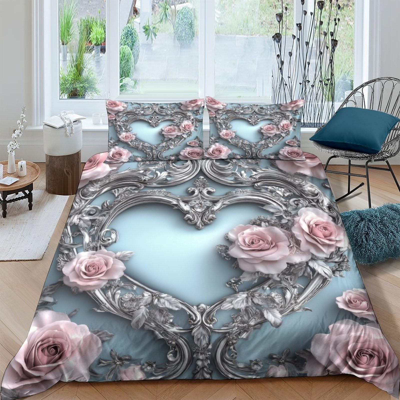 Ctjqhvkz Style-2 3D Printed Baroque Heart Rose Fitted Sheet Microfiber Non-Slip Mattress Cover For Bedroom Guest Room Decor Single（135X200cm）