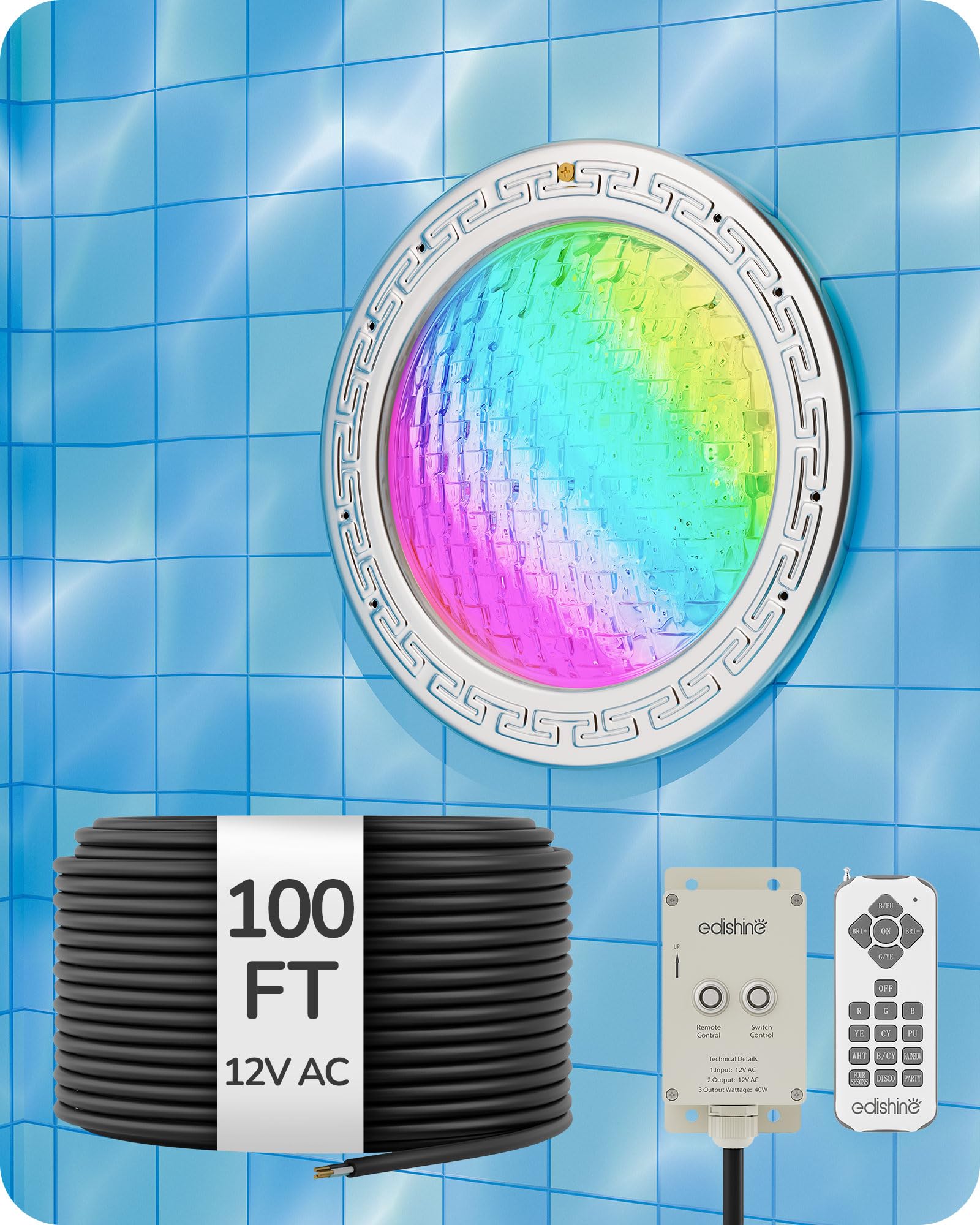Photo 1 of EDISHINE 10In 12V RGBW Inground Pool Light, IP68 Remote Control, 100FT Cord