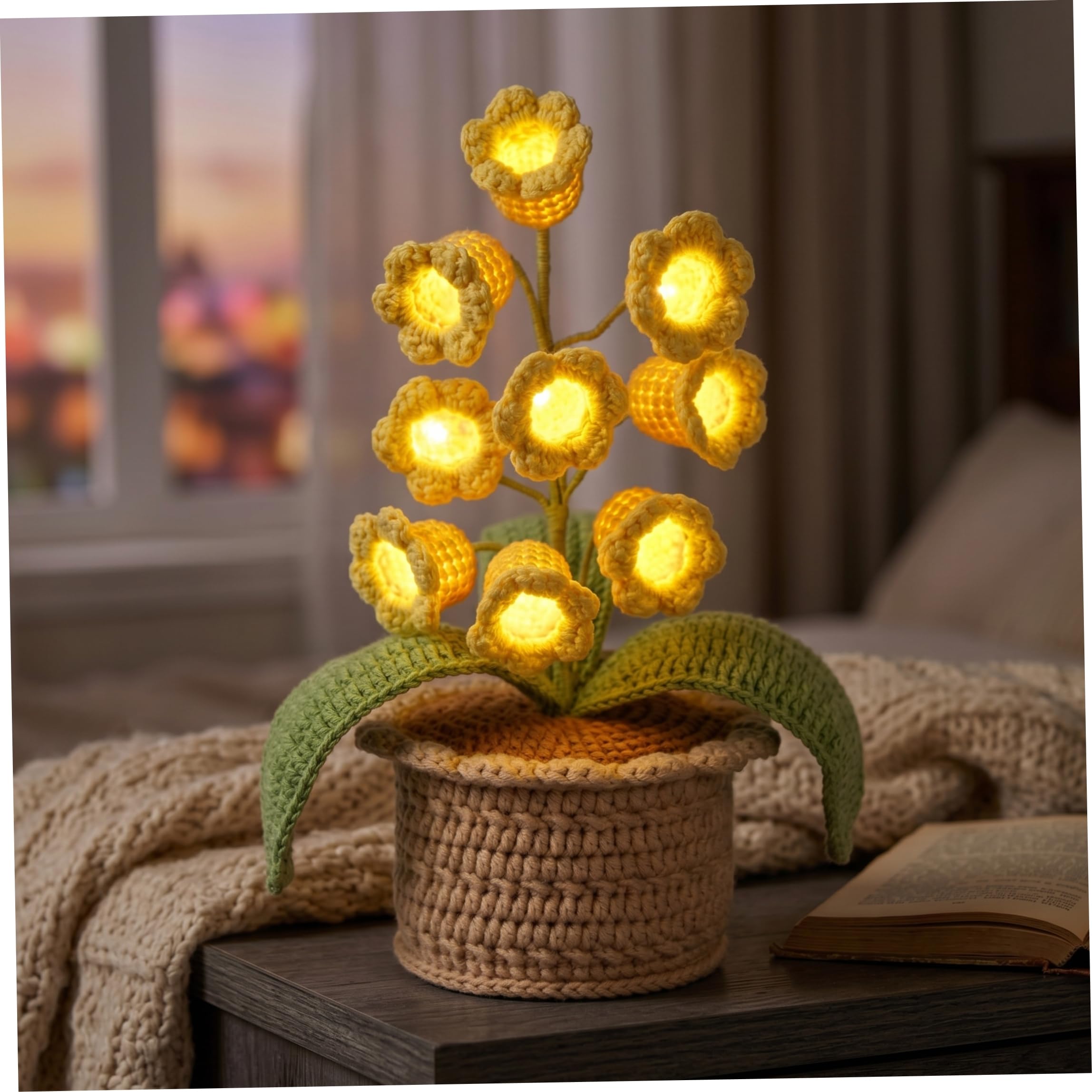 Faticenic Crocheted Flowers With Led String, 9-head Lily Of The Valley Lamp, Crocheted Handcrafted Flower Light, Yellow, Lily Of The Valley Lamp, Garden Décor