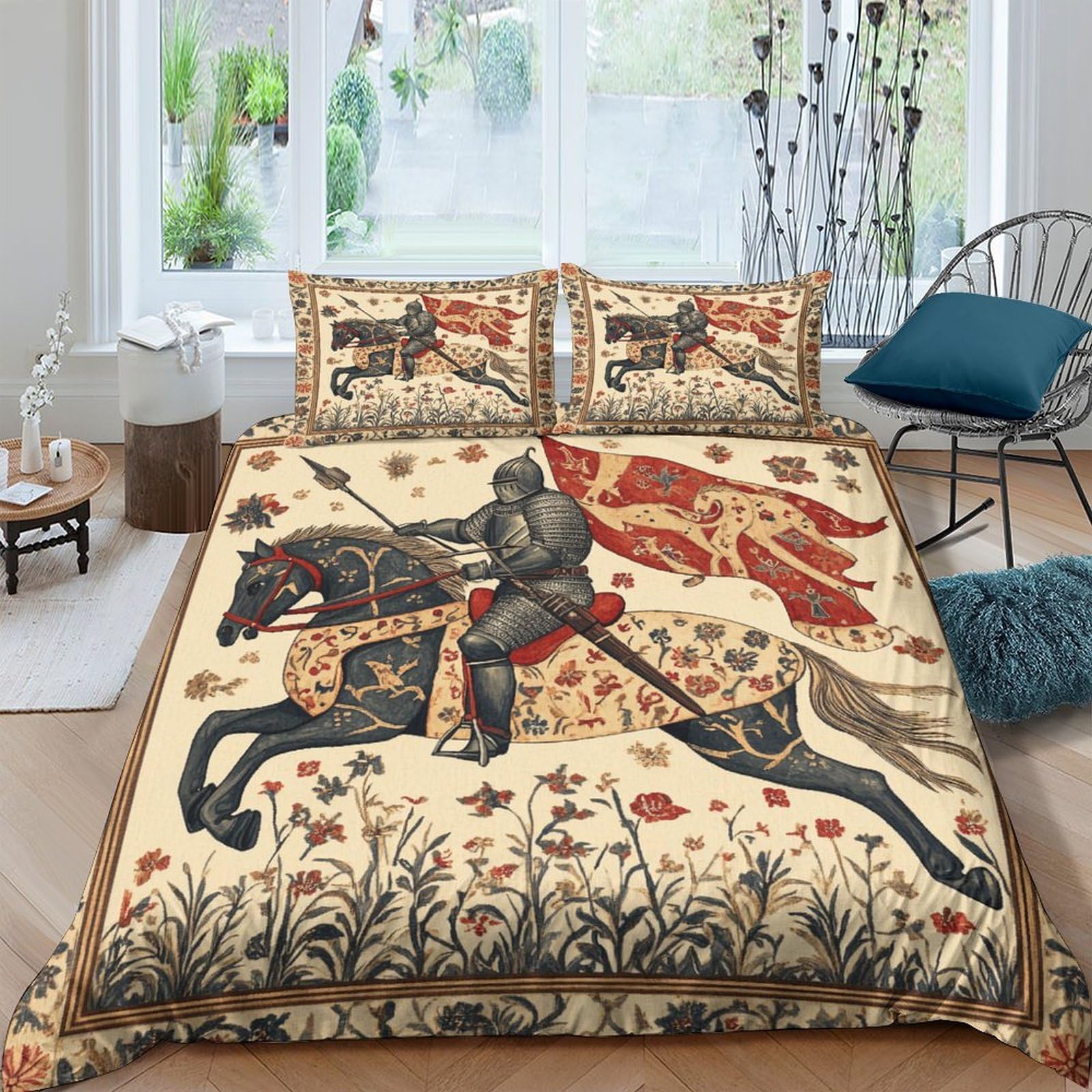 Kaiyun Style-5 Medieval Knight On Horse 3D Printed Duvet Cover Microfibre For Kids Teens Adults Medieval Art Style Soft Quilt Covers Easy Care Bedding Sets With Pillowcase Double（200X200cm）