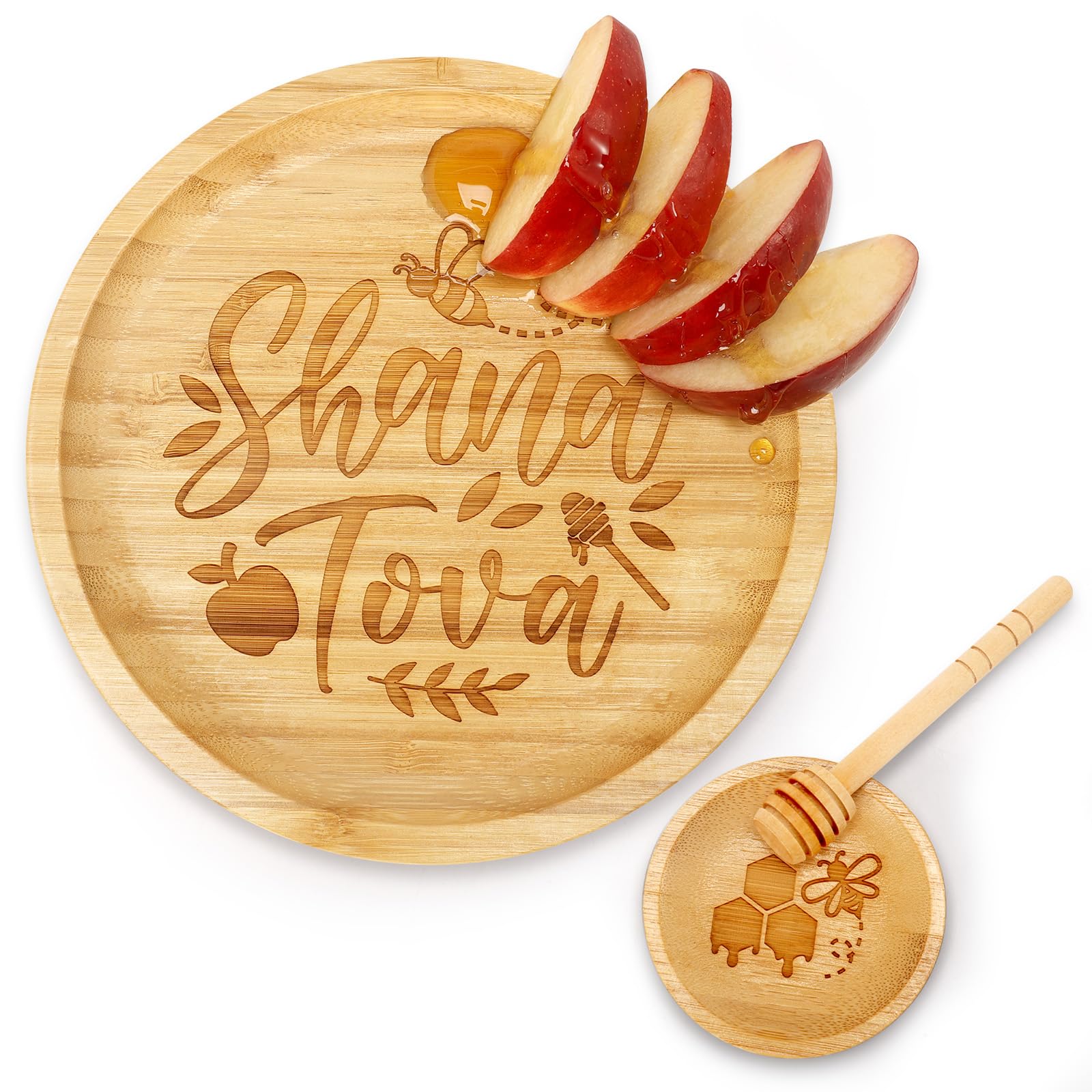 Huray Rayho Rosh Hashanah Apple Plate Set Shana Tova Apple and Honey Dish with Dipper Rosh New Year Hostess Gift Idea Shana Tova Bamboo Wood Server Tray Holiday Party Table Decorations