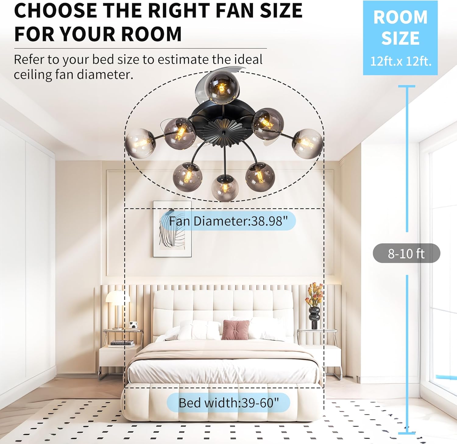 8-Light Mid Century Ceiling Fan with Lights Black and Smoked Fandelier Glass Bubble Chandeliers with 3 Retractable Bladeless and Remote Blossom Chandelier Low Profile 6 Speeds for Bedroom Living Room
