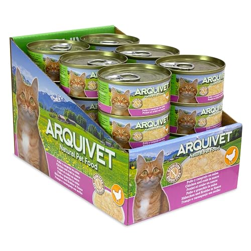 ARQUIVET Pack 24 Unidades - Pollo en Salsa con palito de Cangrejo - 80 g - Latas de Comida húmeda para Gatos