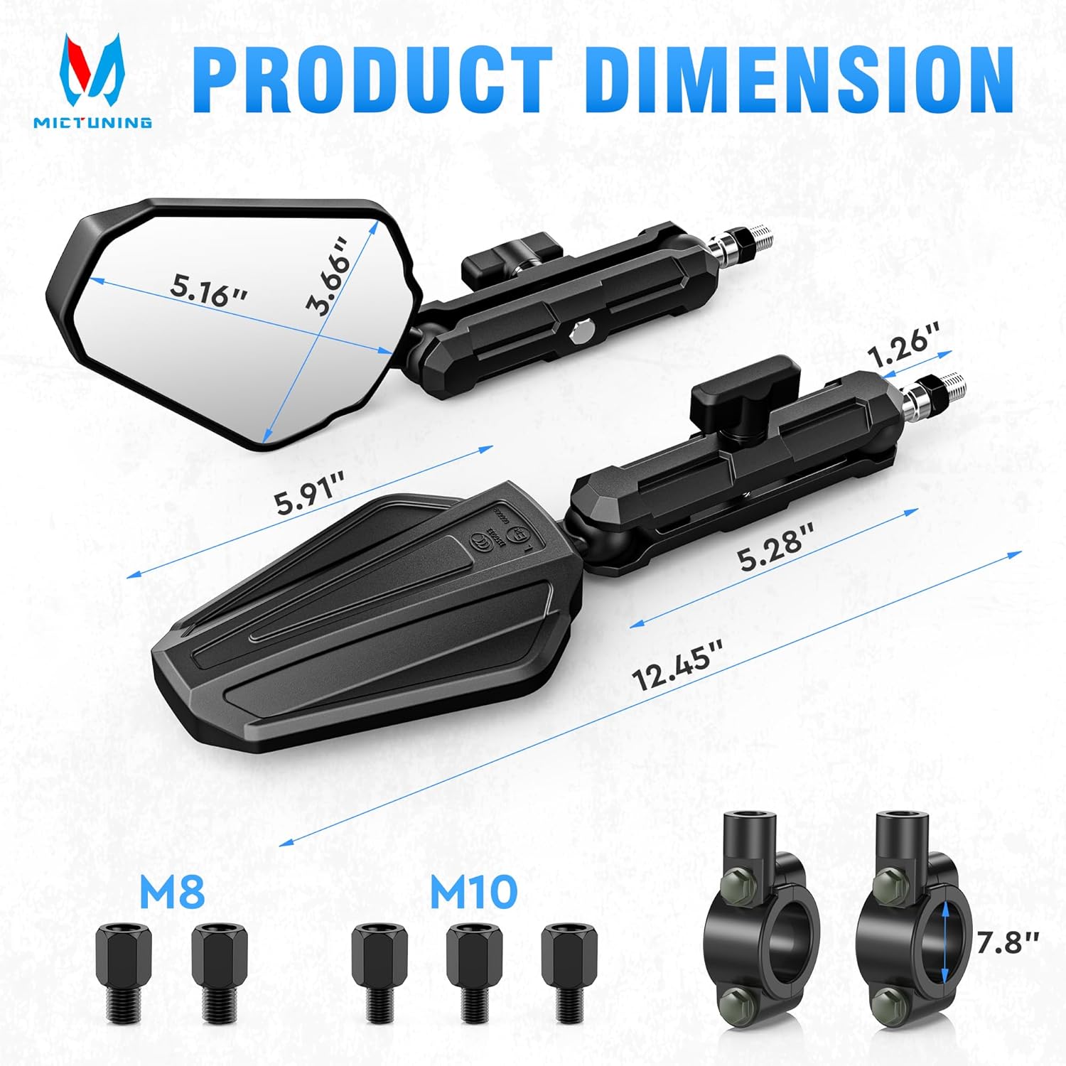 MICTUNING Adventure Motorcycle Mirrors， 360° Adjustable CNC Aluminum Alloy，Foldable 7/8" Handlebar M10 M8 Rear View Mirror Compatible with ATV, Scooter, Street Bike, Dirt Bike, Snowmobile