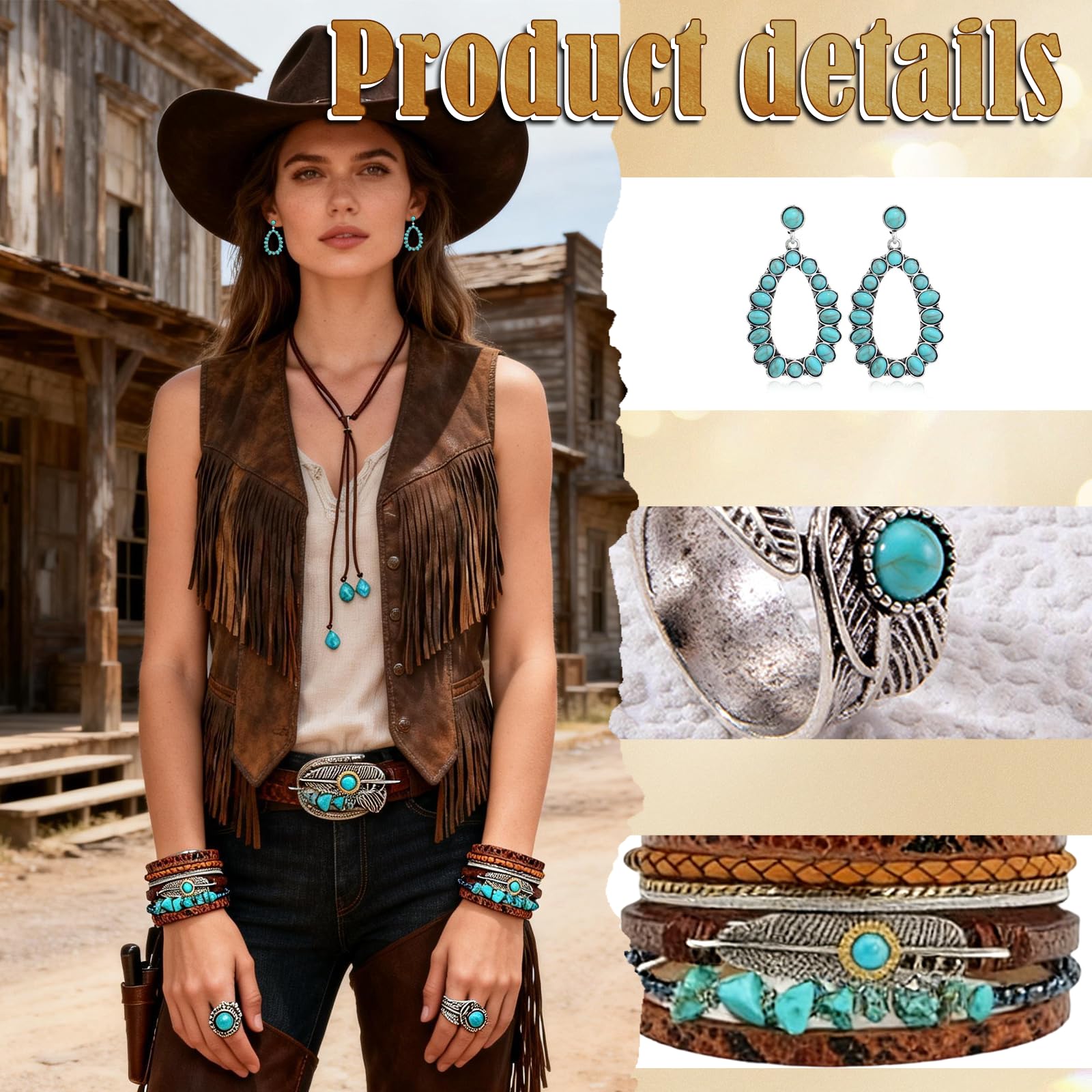 RUHSNJK 5 Pcs Cowgirl Accessories for Women Cowgirl Outfits, Cowboy Hat Turquoise Western Jewelry Set - Image 3