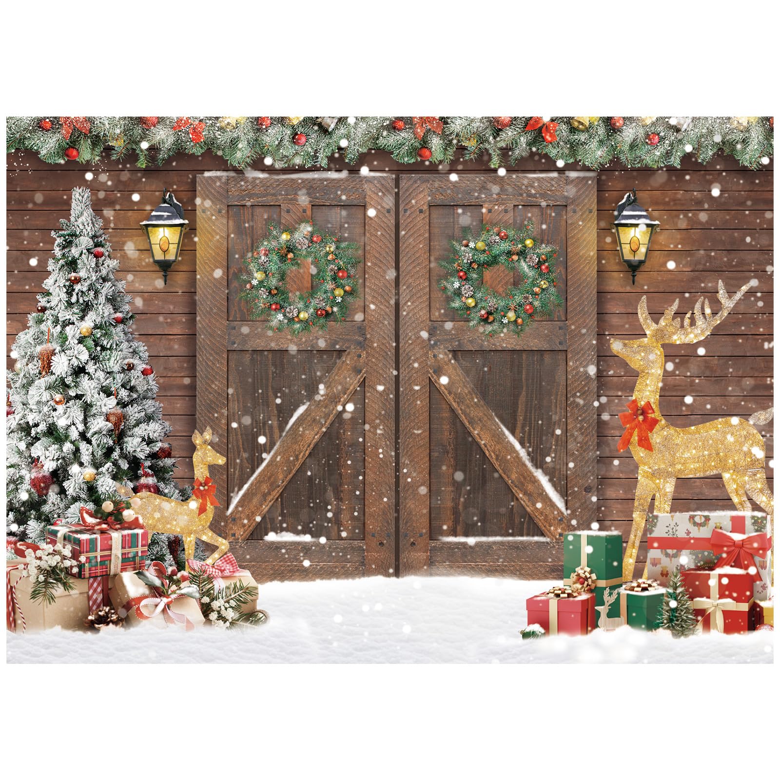 VitalCozy 7 x 5 Ft Winter Christmas Backdrop Rustic Barn Wood Door Photography Backdrop Xmas Tree Snow Christmas Background Polyester Fabric Winter Photo Backdrop Family Kid Holiday Photo Studio Props