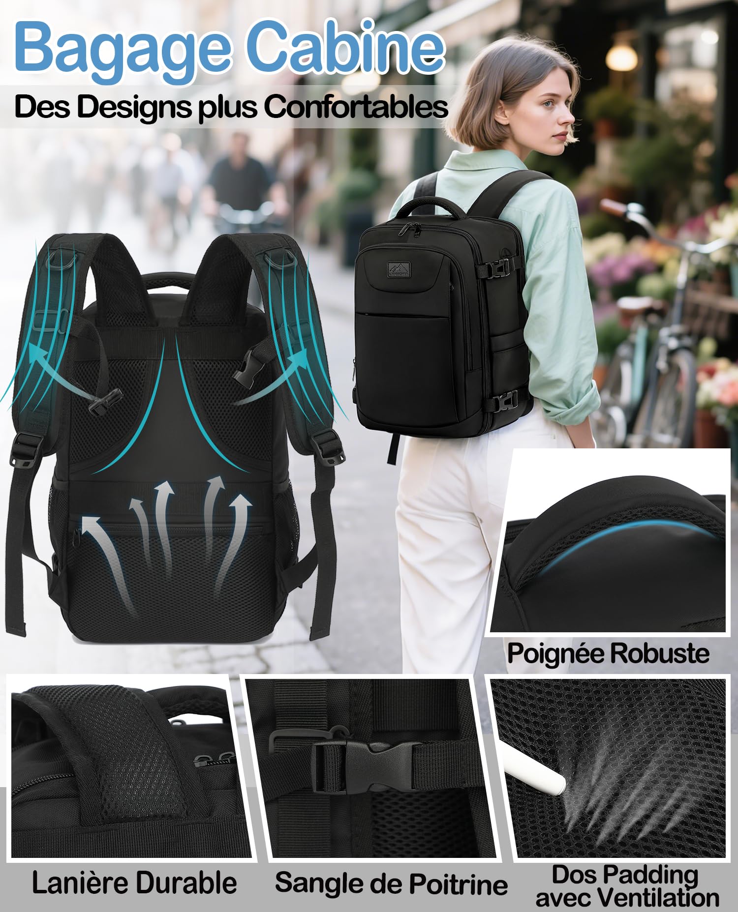 Sac a Dos Voyage Cabine Avion 40x20x25 Bagage Cabine pour Ryanair sous Siège Bagage à Main Petit Sac à Dos 20 L pour Femme Homme Ordinateur Portable 14 Pouces Noir