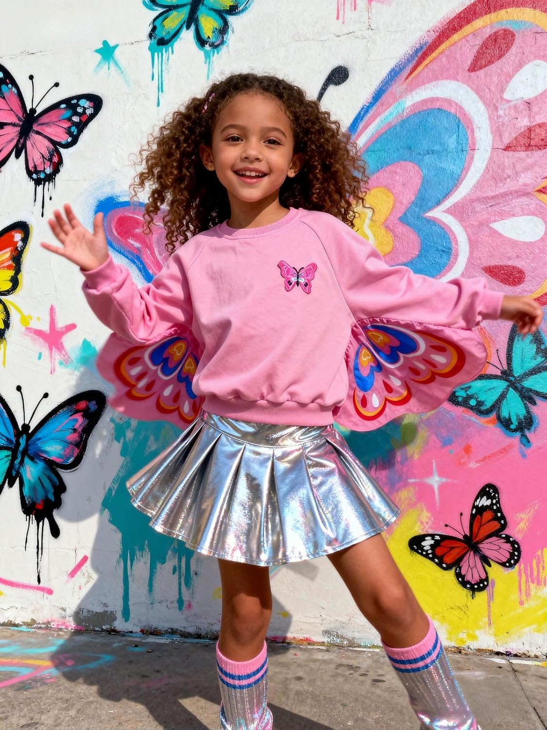 WELAKEN Toddler Girls Butterfly Wing Sleeve Sweatshirt - Cotton Crewneck Pullover for Little Kids