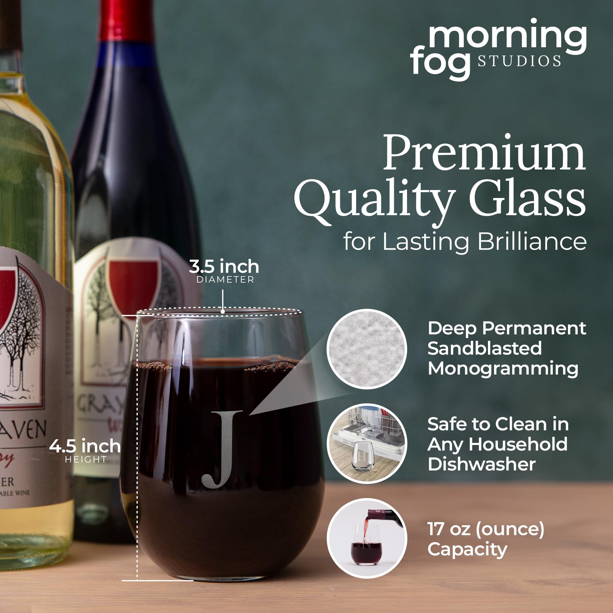 Zestaw 4 kieliszków do wina bez nóżek, naczynia barowe z piaskowanymi monogramami, pojemność 480 ml każdy (J)