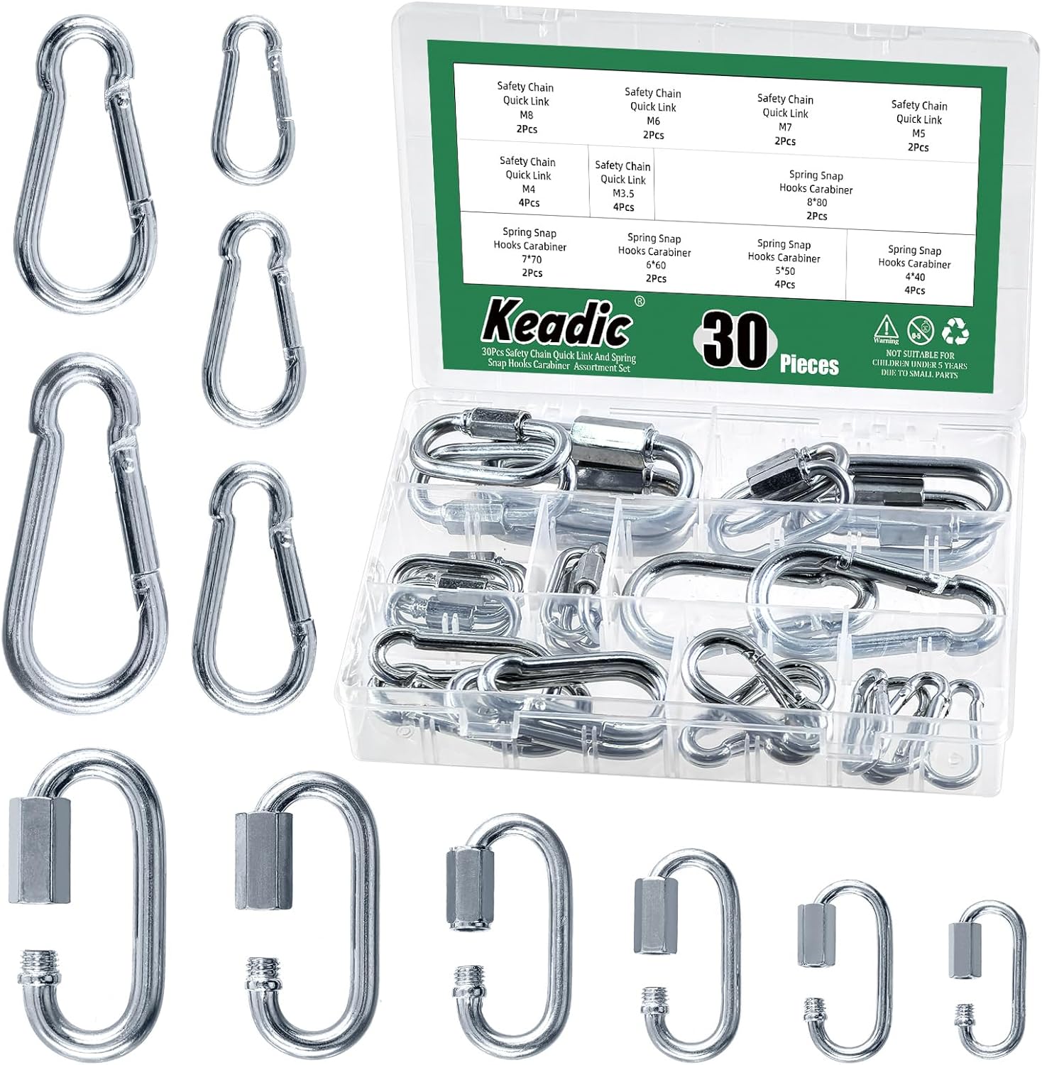 Keadic 30PCS Quick Link Chain Connector Assortment Kits include M3.5 M4 M5 M6 M7 M8 Chain Quick Link 6 Sizes Heavy Duty Spring Snap Hook Safety Quick Links Snap Hooks for Dog leashes Boat Ropes