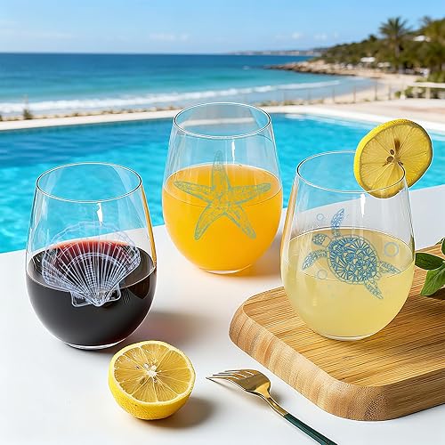 Miniatura 4 de Copas de vino sin tallo con temática oceánica, juego de 4 cristalería de orilla del mar, tortuga marina, estrella de mar, conchas marinas, surtido