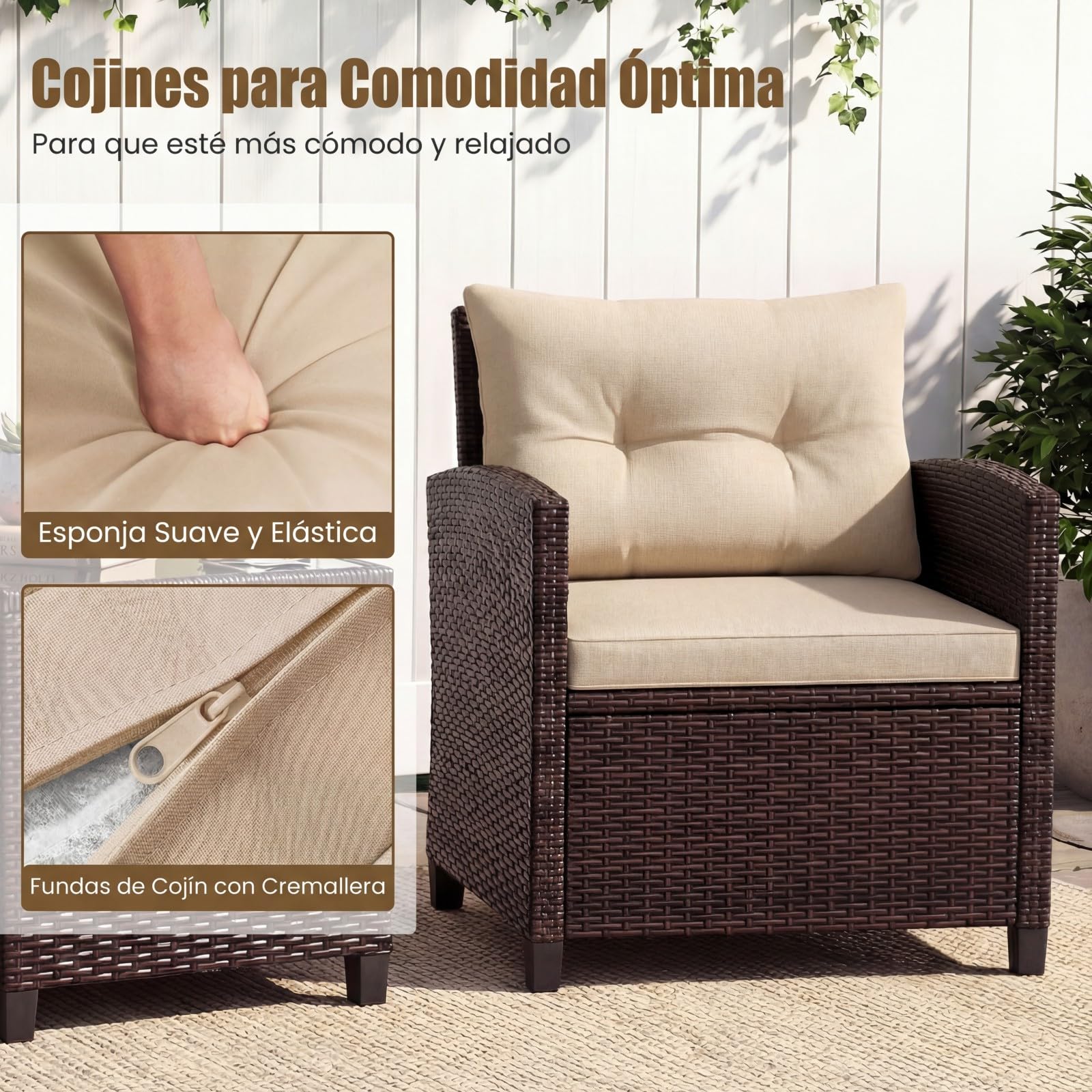 COSTWAY Conjunto Jardin Exterior de Ratán 3 Piezas, 1 Mesa Auxiliar de Vidrio Templado y 2 Sillas con Cojines, Muebles Jardin Terraza Balcon Exterior (Brown)